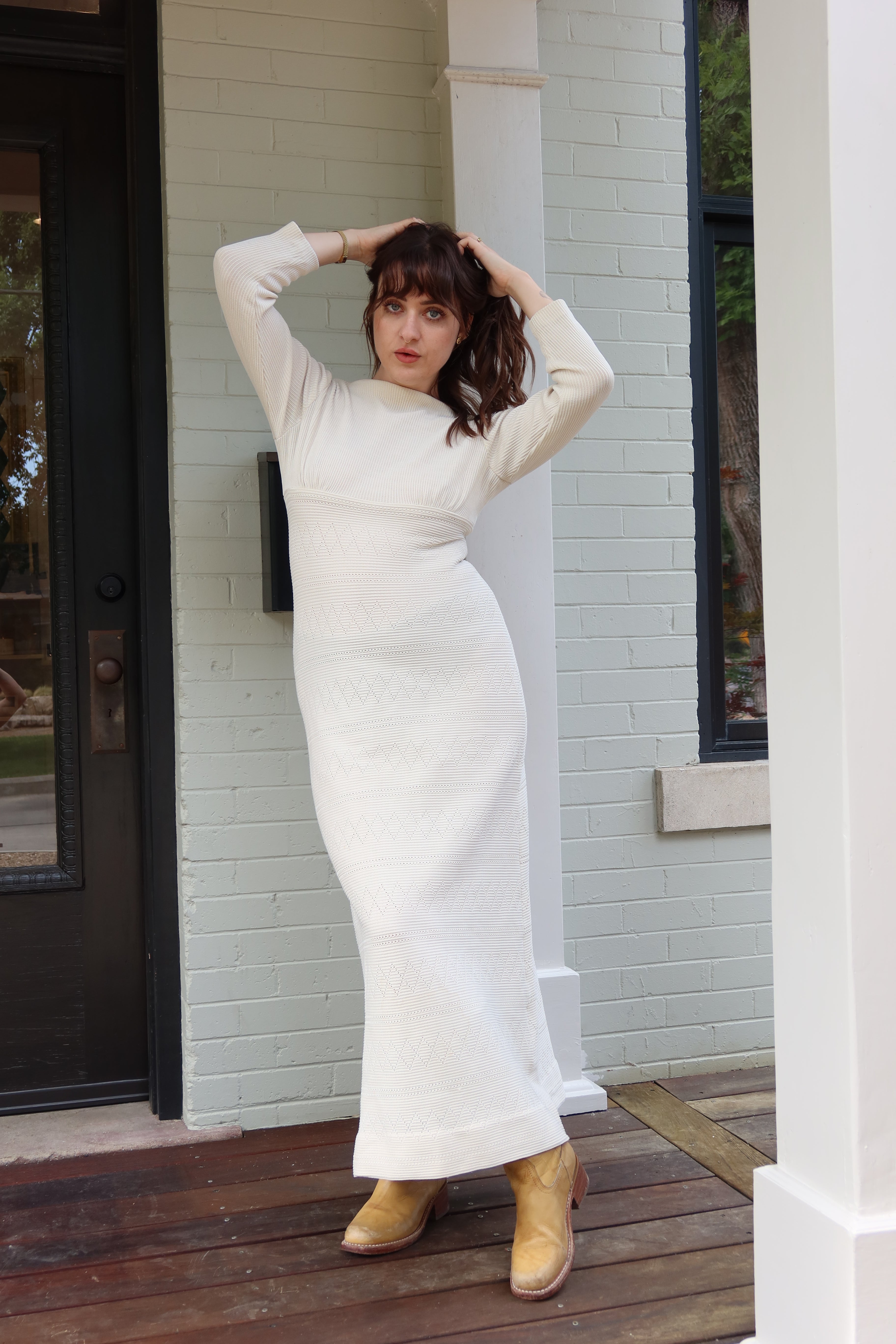 1970s Open Back Ivory Knit Maxi