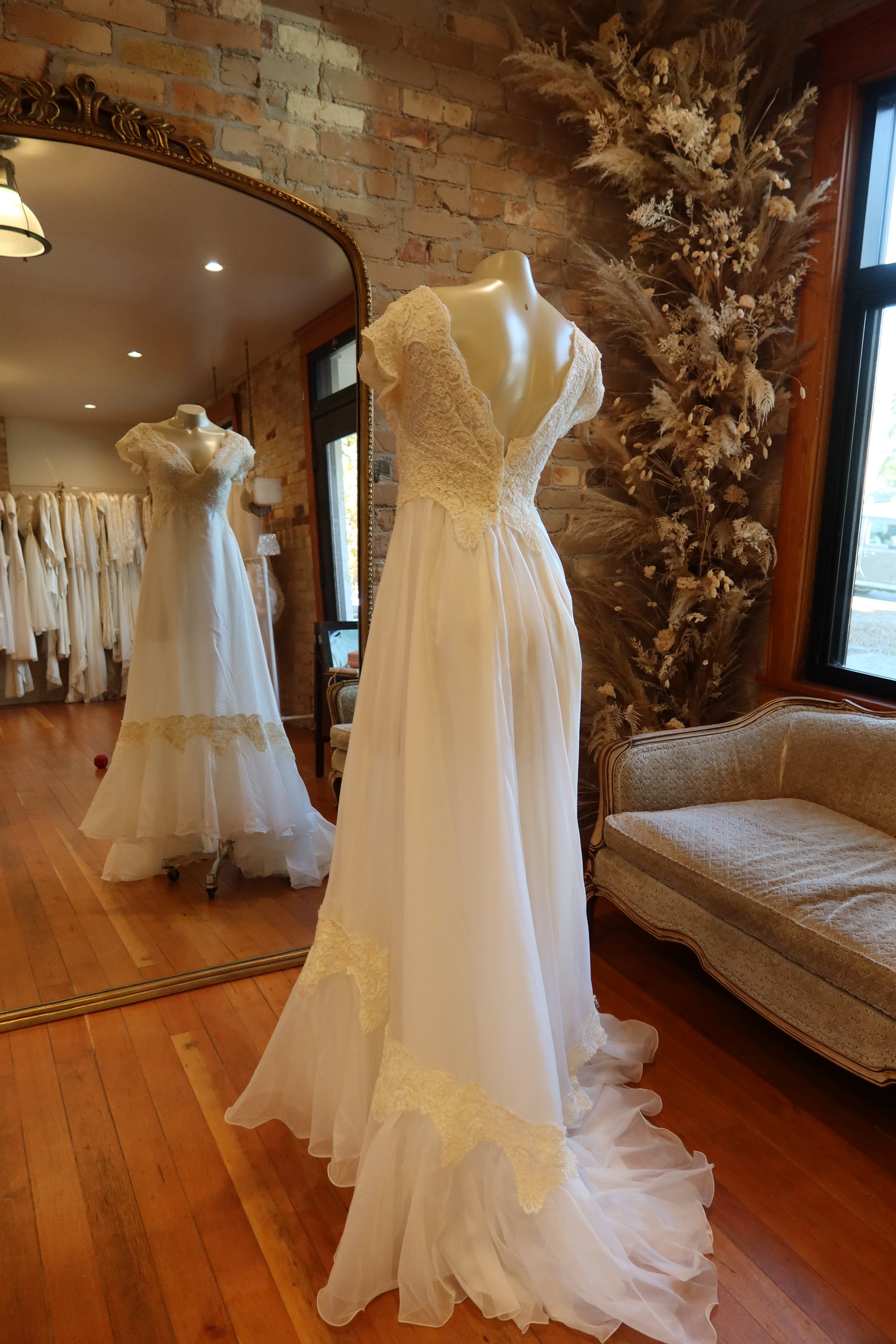 1970s Scalloped Lace Empire Gown