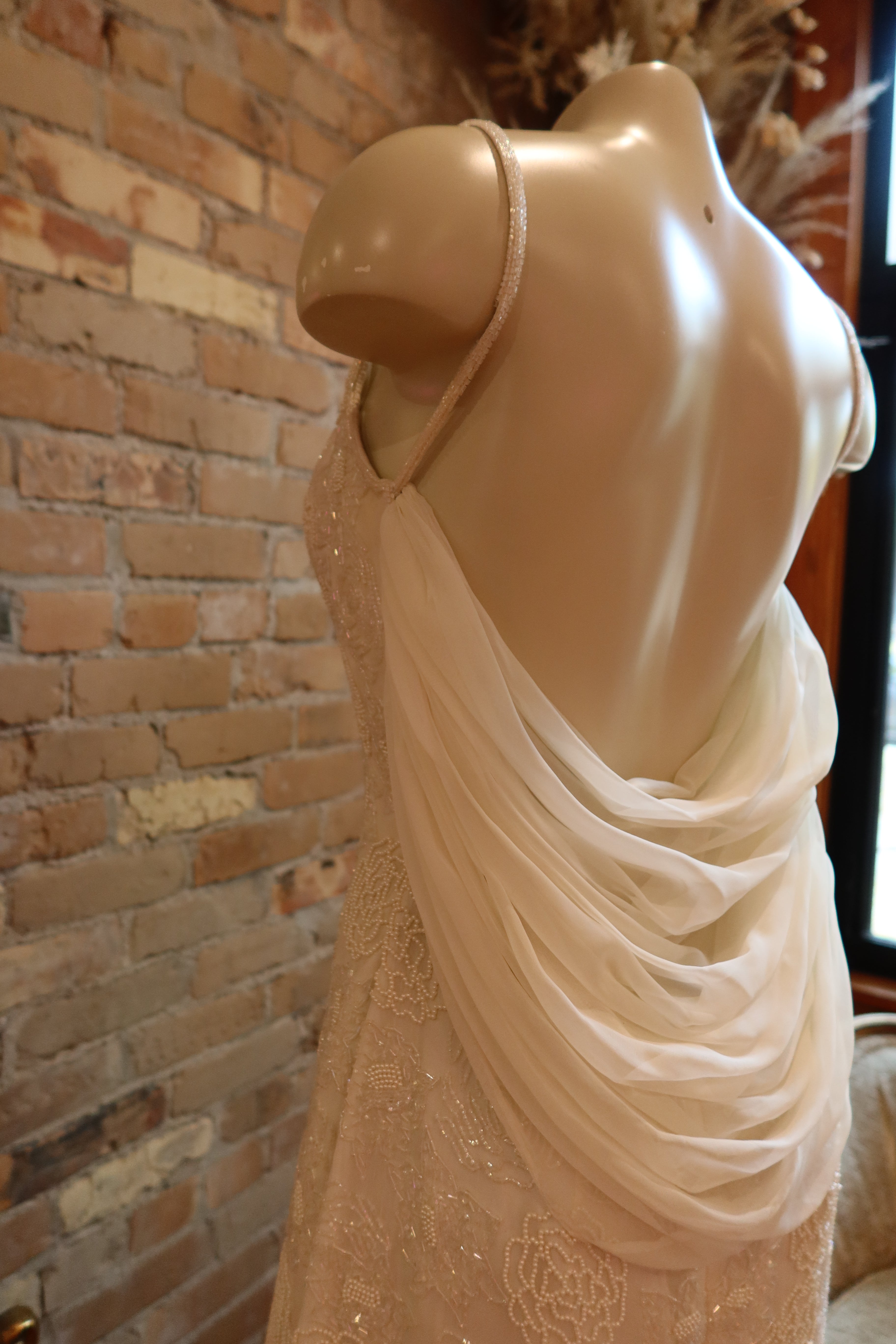 1980s Beaded Silk Trumpet Gown w/ Chiffon Draping