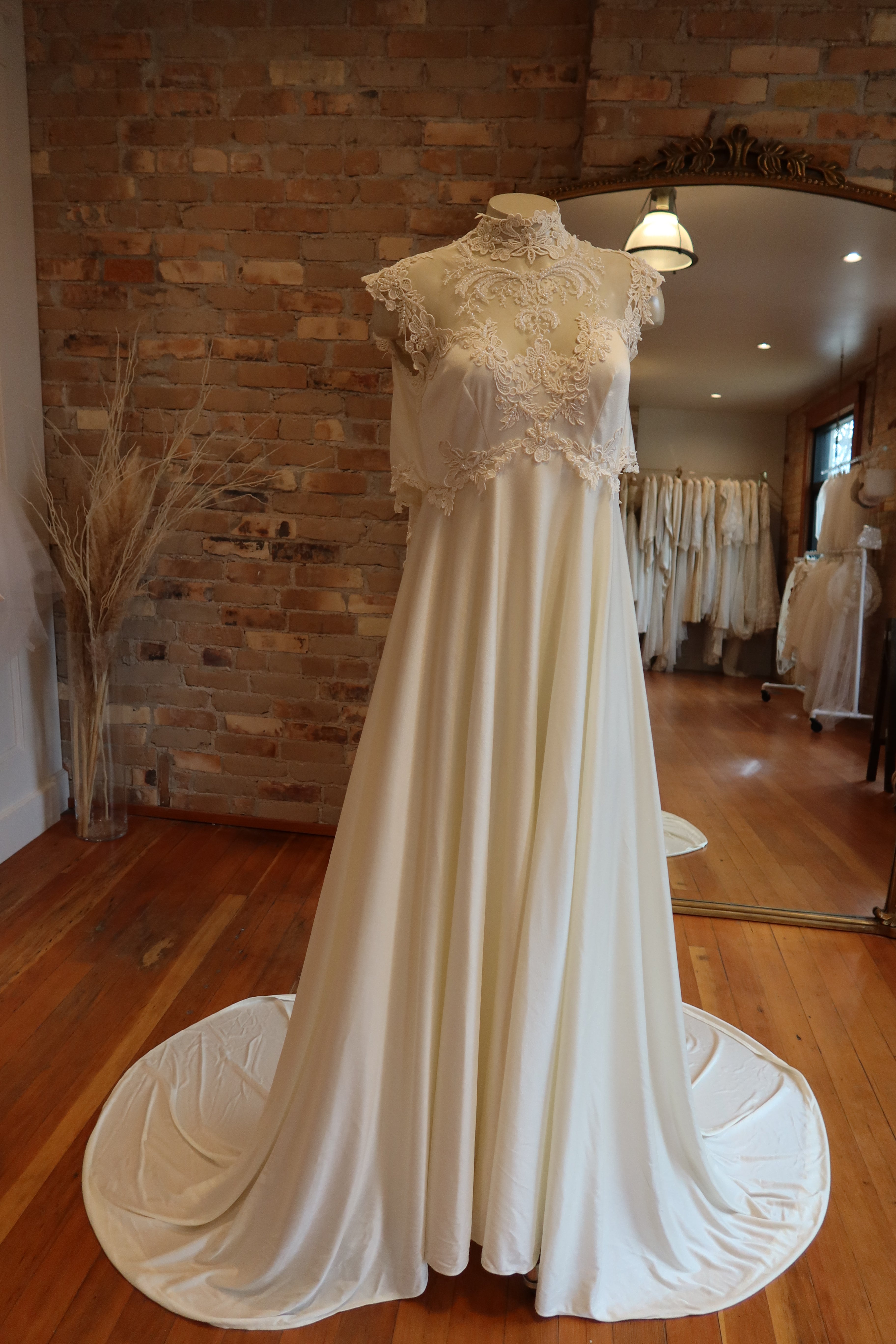 1970s Ivory Empire High Neck Gown