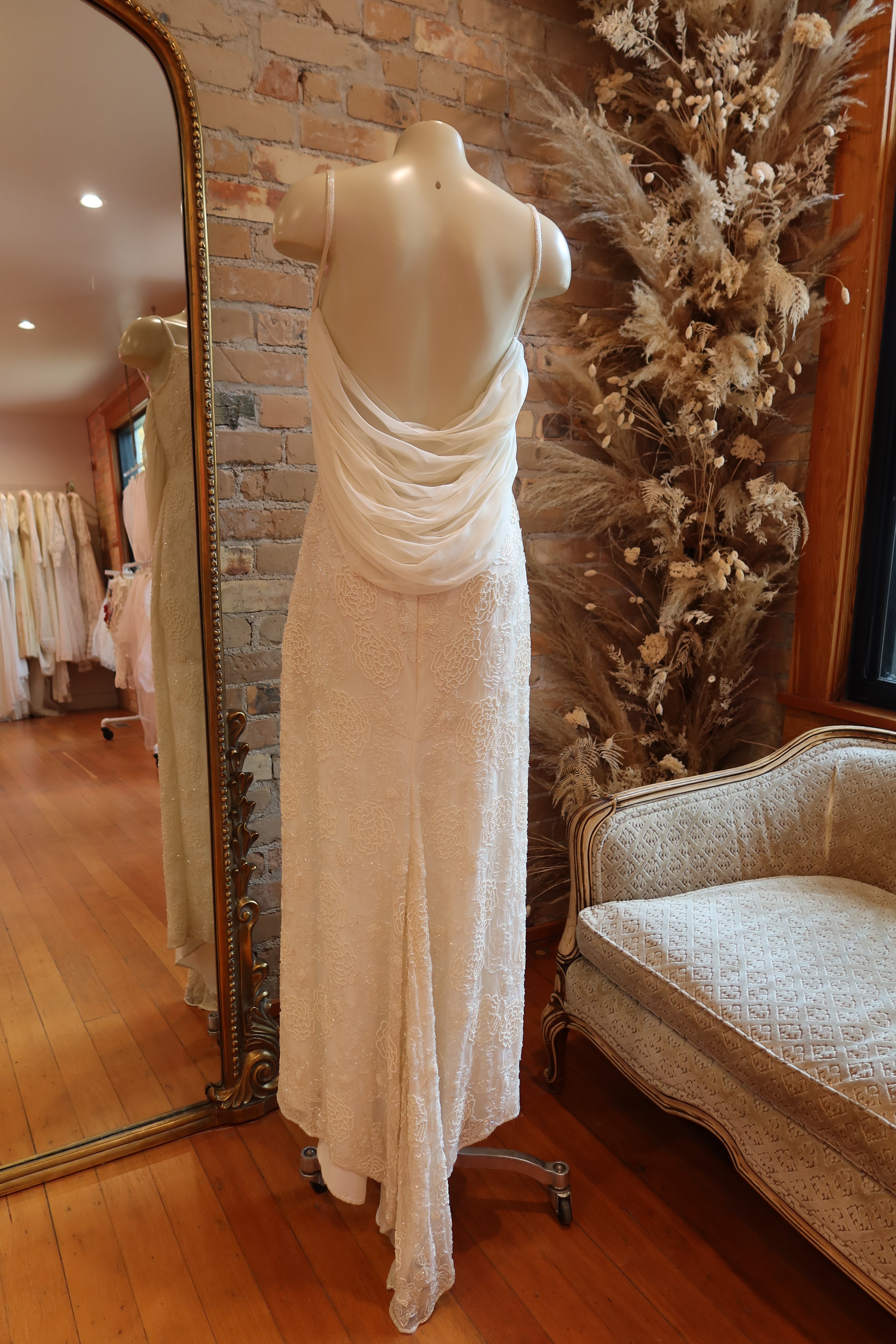 1980s Beaded Silk Trumpet Gown w/ Chiffon Draping