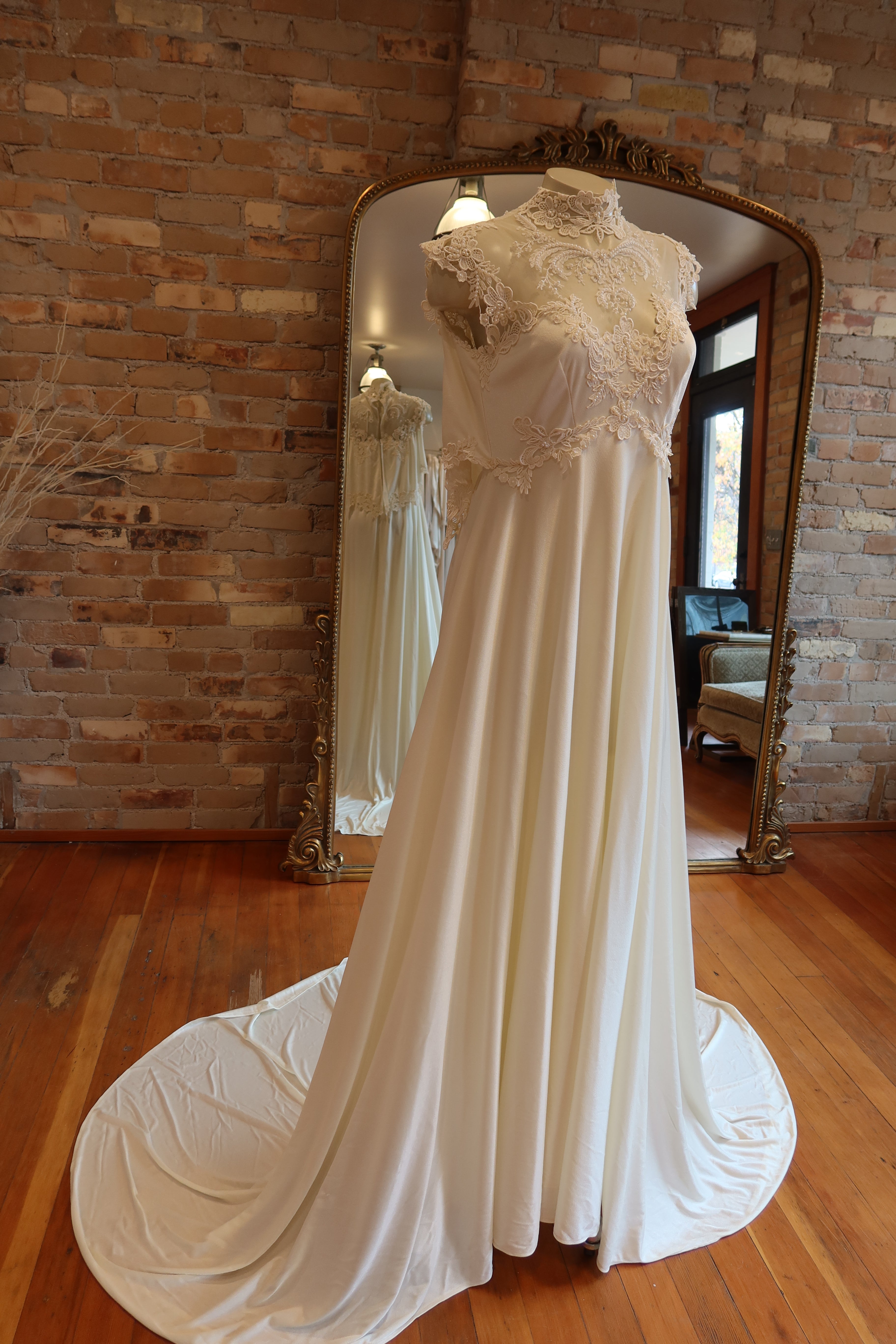 1970s Ivory Empire High Neck Gown