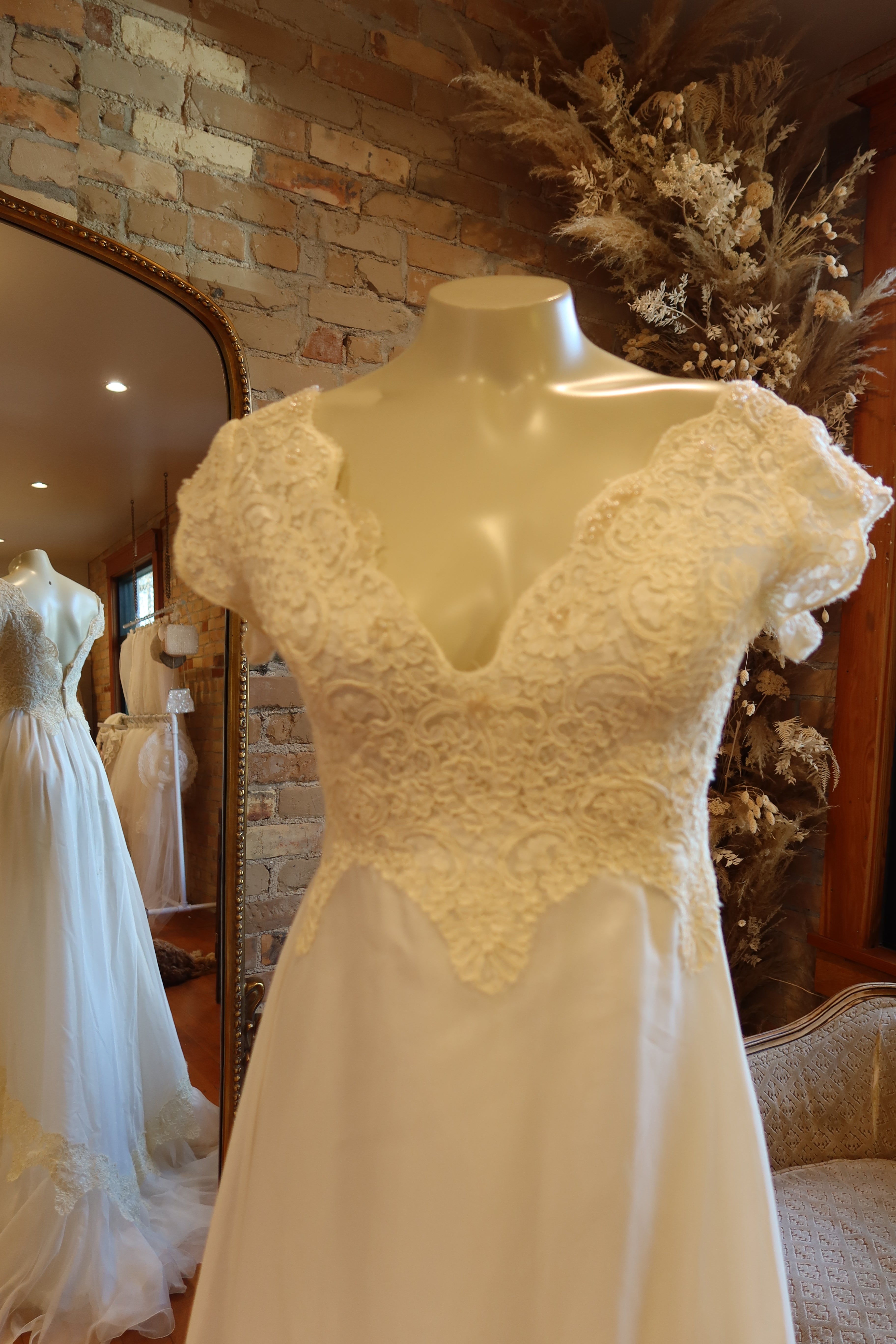 1970s Scalloped Lace Empire Gown