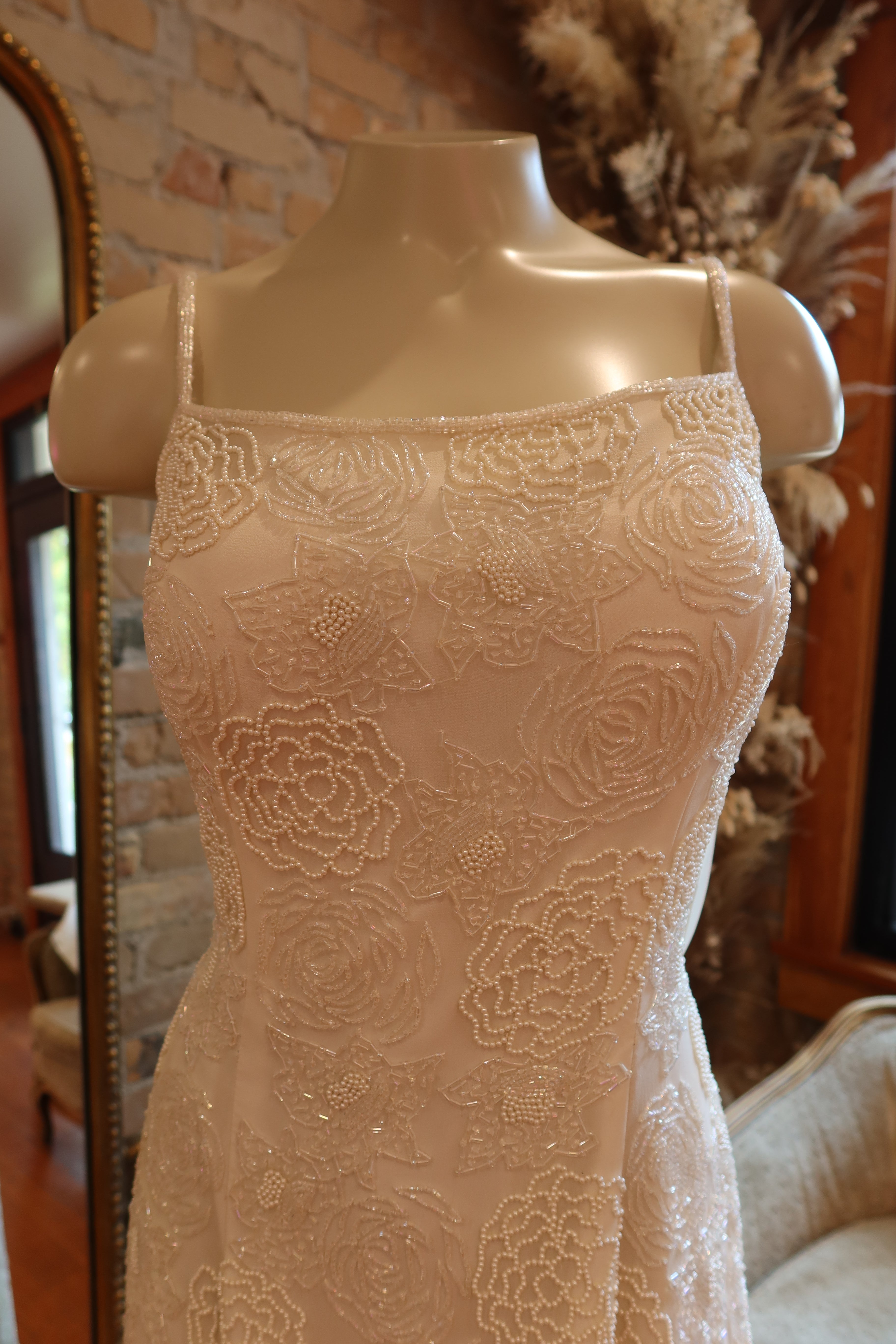 1980s Beaded Silk Trumpet Gown w/ Chiffon Draping