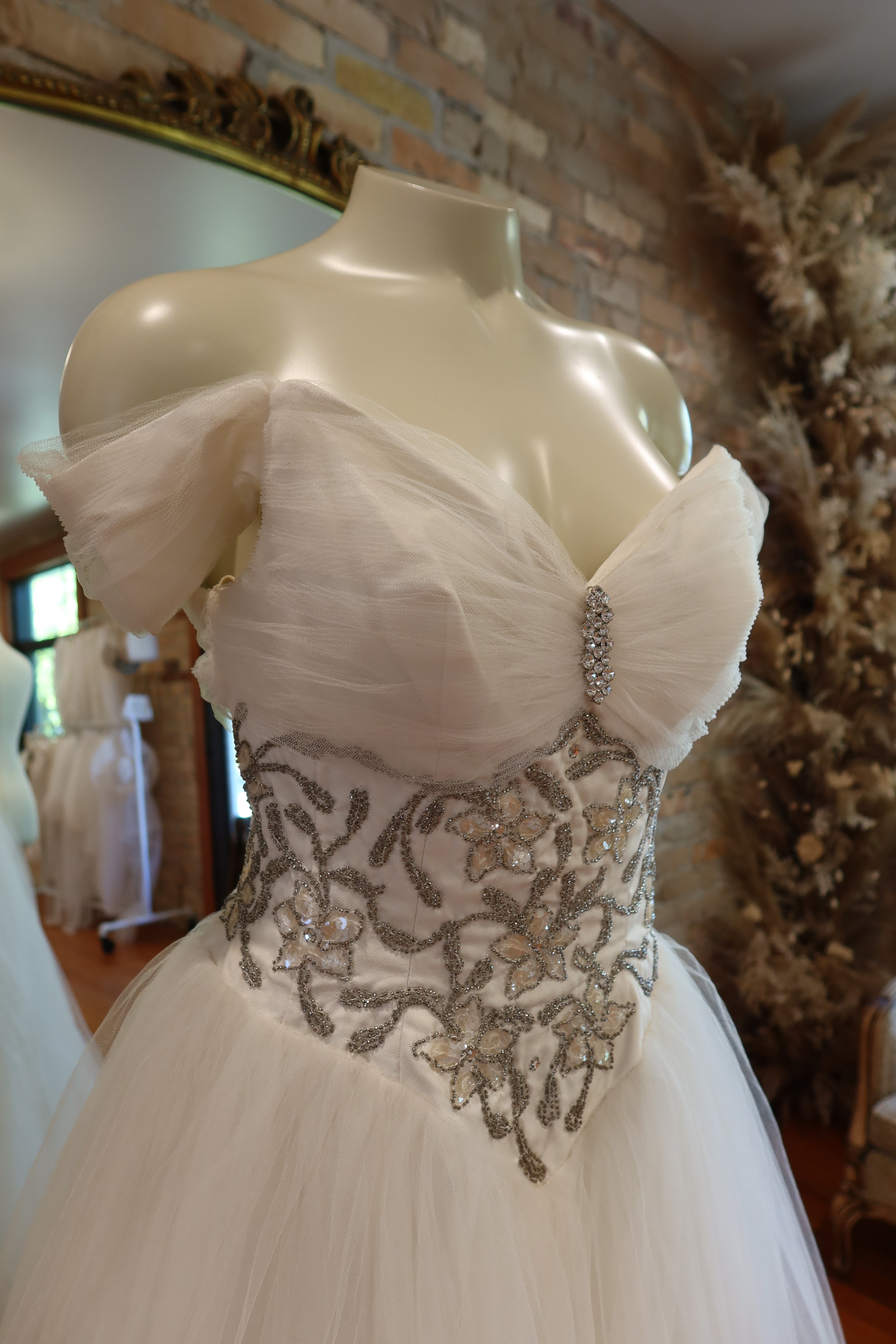 1950s Off Shoulder Beaded Tulle Dress