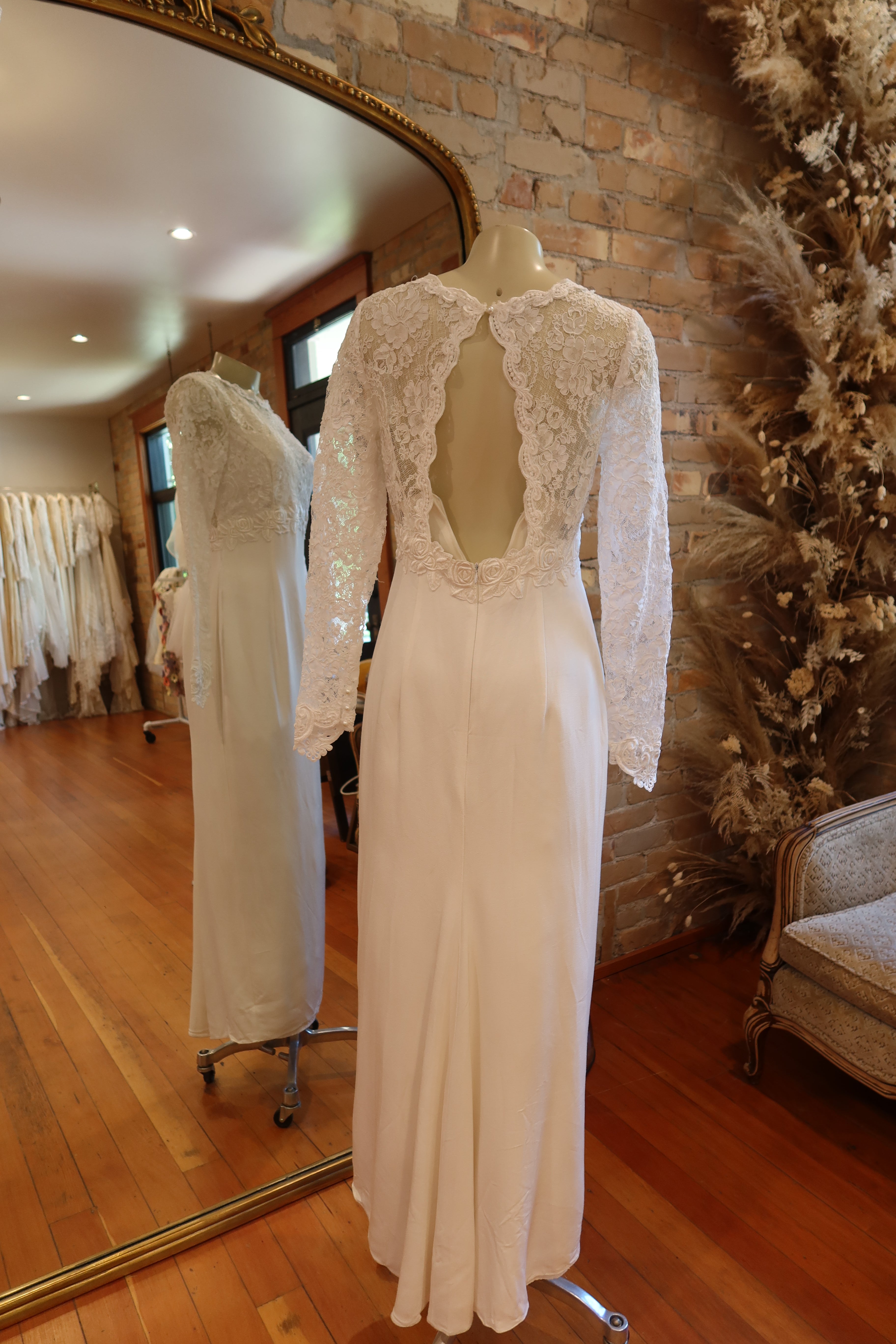 1990s Jessica McClintock White Lace Column Dress