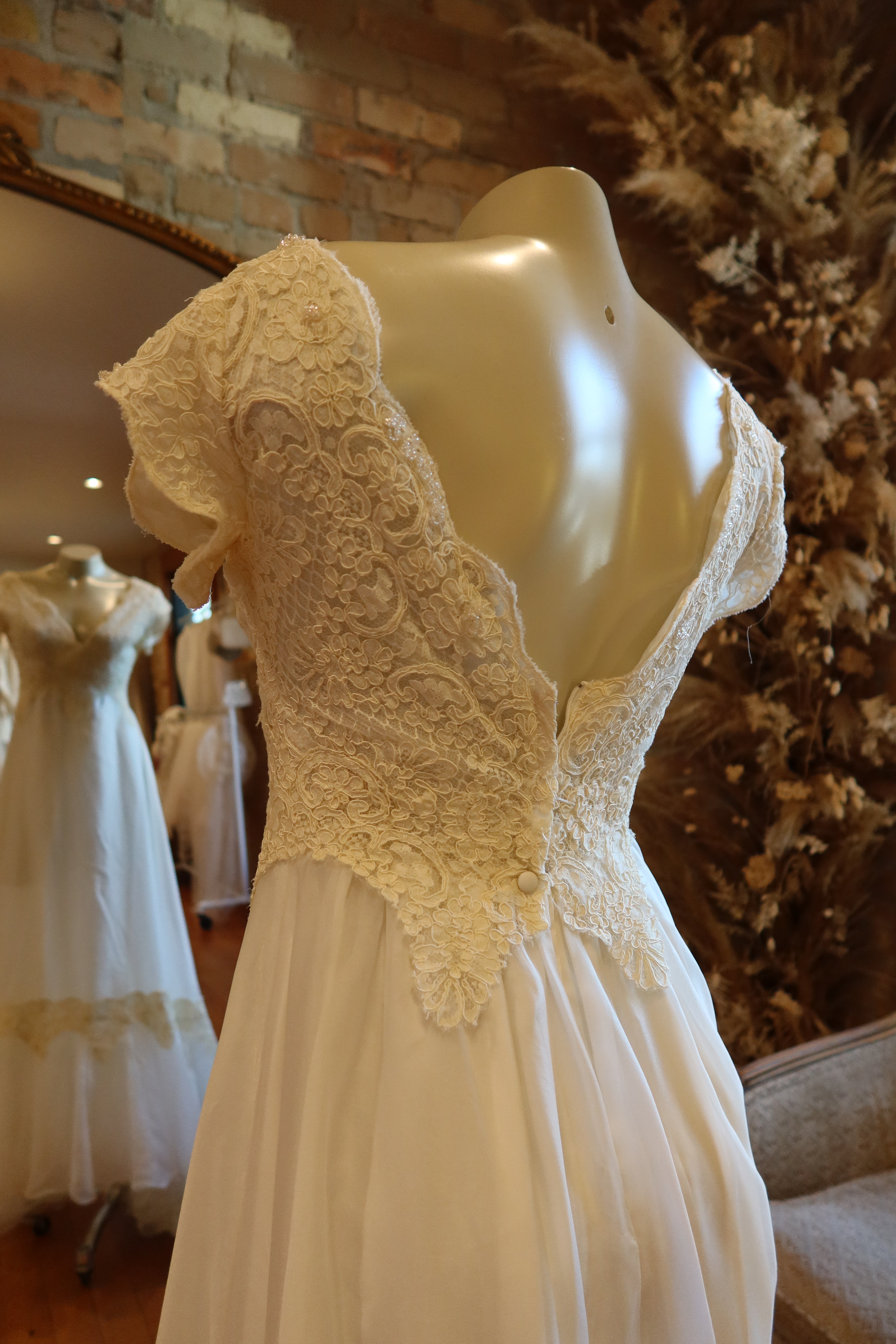 1970s Scalloped Lace Empire Gown