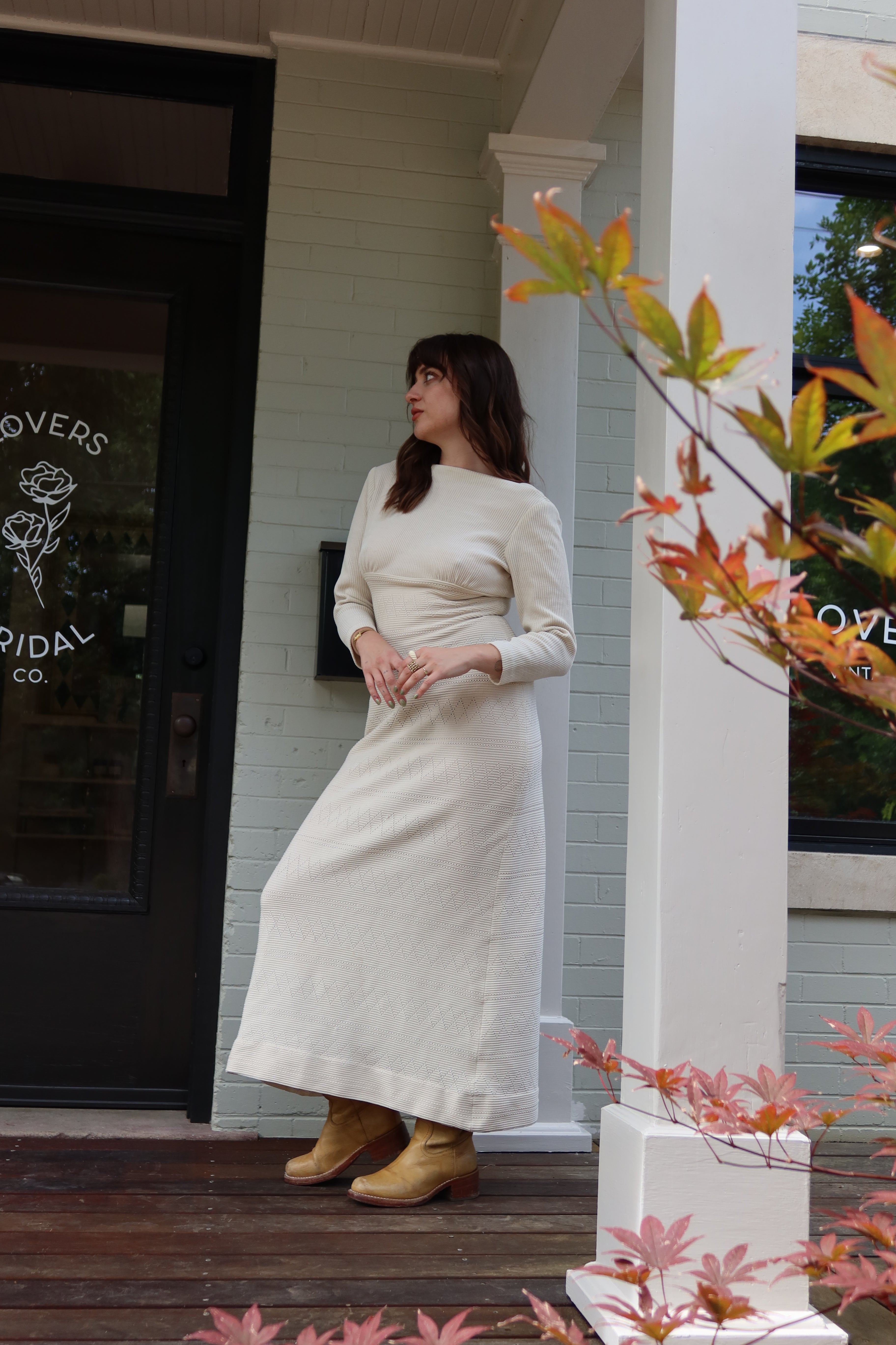 1970s Open Back Ivory Knit Maxi