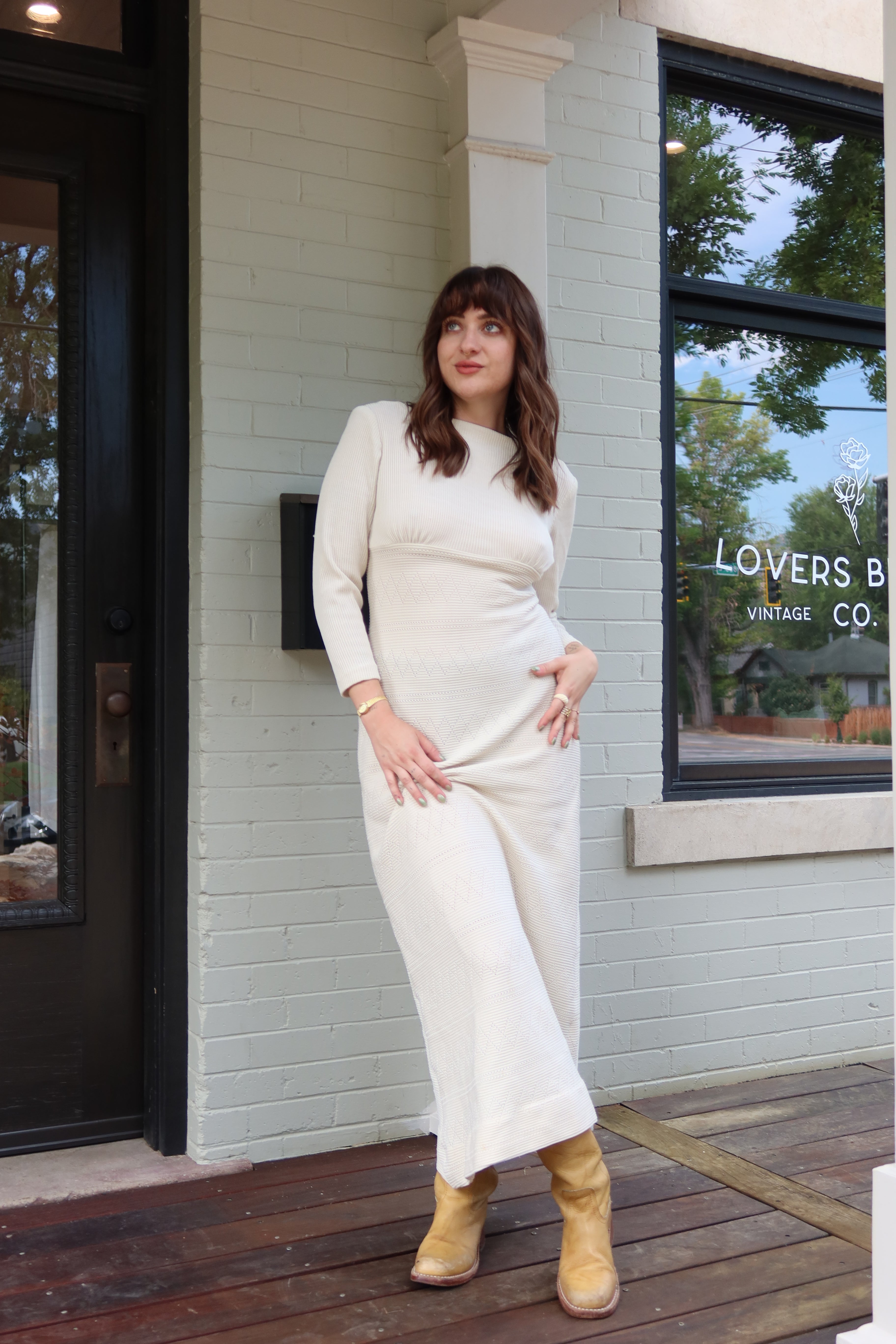 1970s Open Back Ivory Knit Maxi