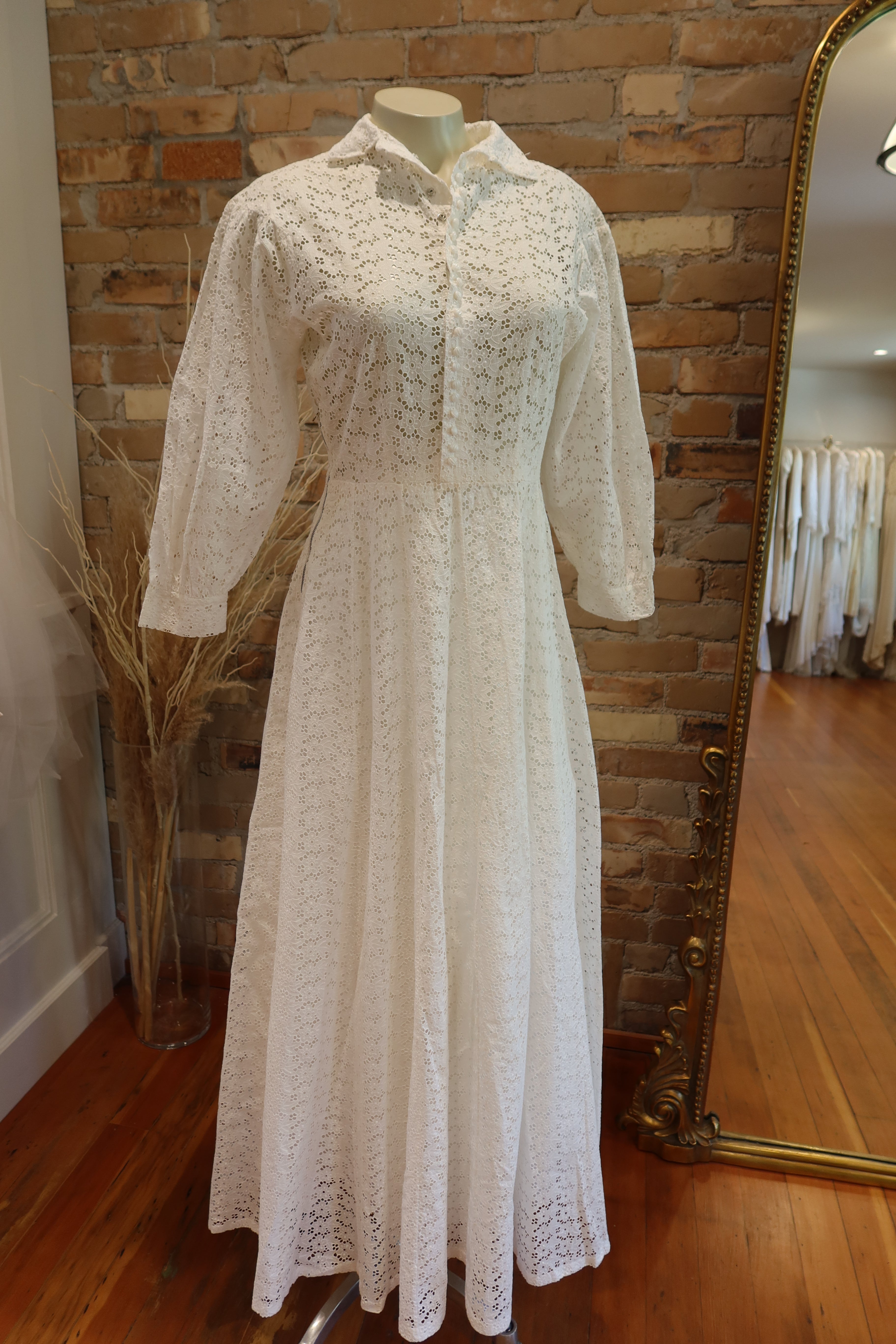 1970s Cotton Eyelet Prairie Dress