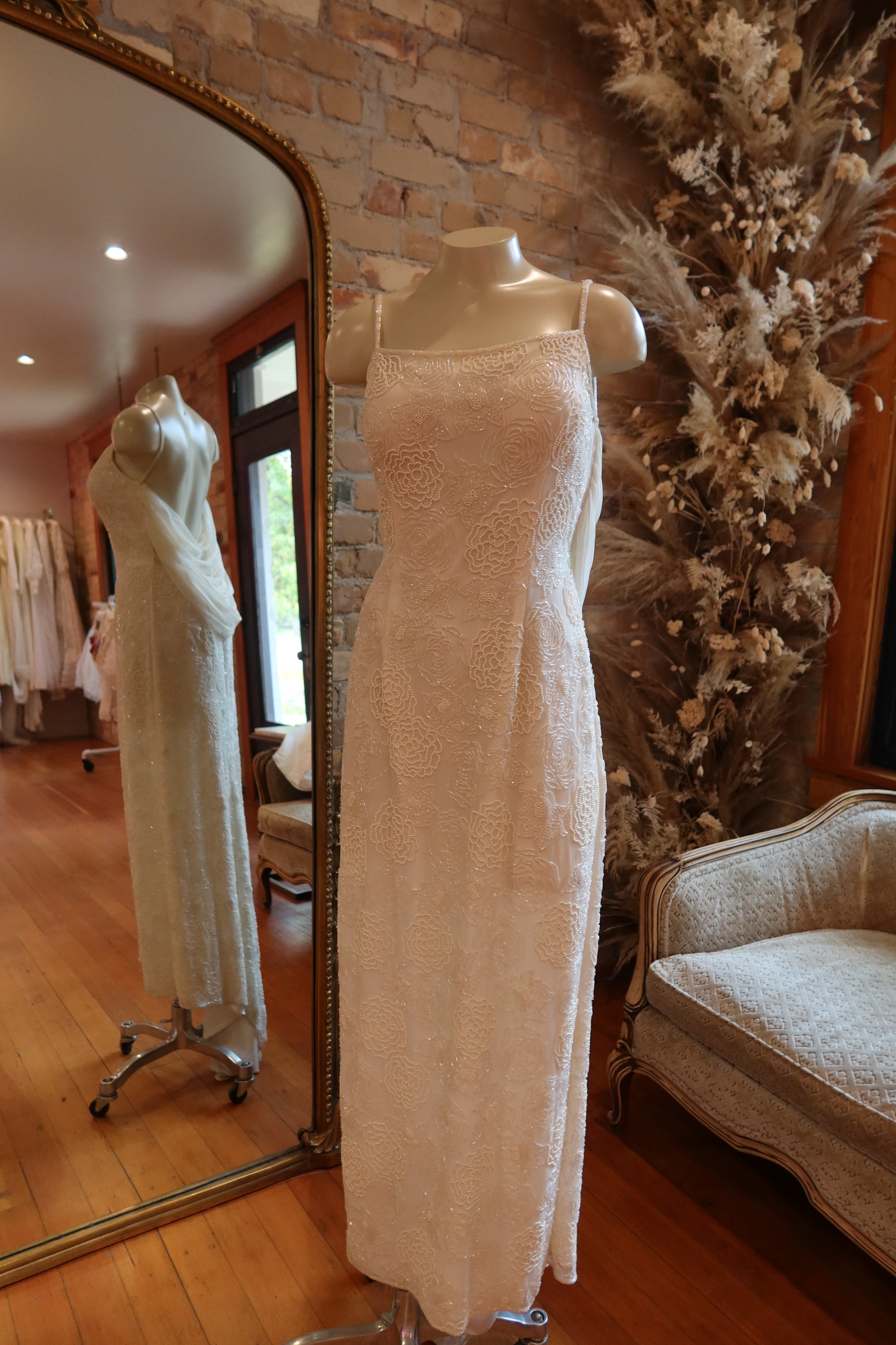 1980s Beaded Silk Trumpet Gown w/ Chiffon Draping