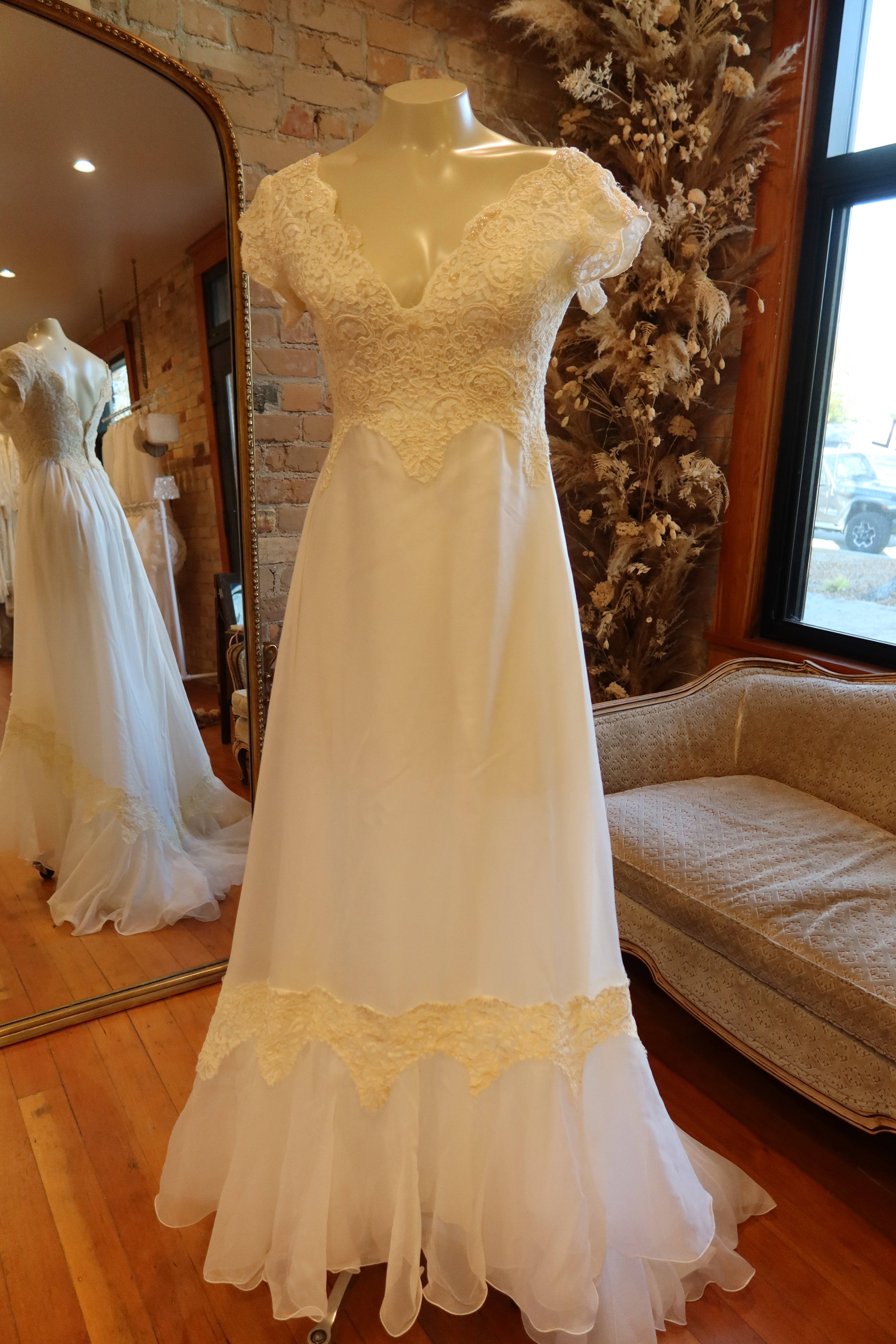 1970s Scalloped Lace Empire Gown