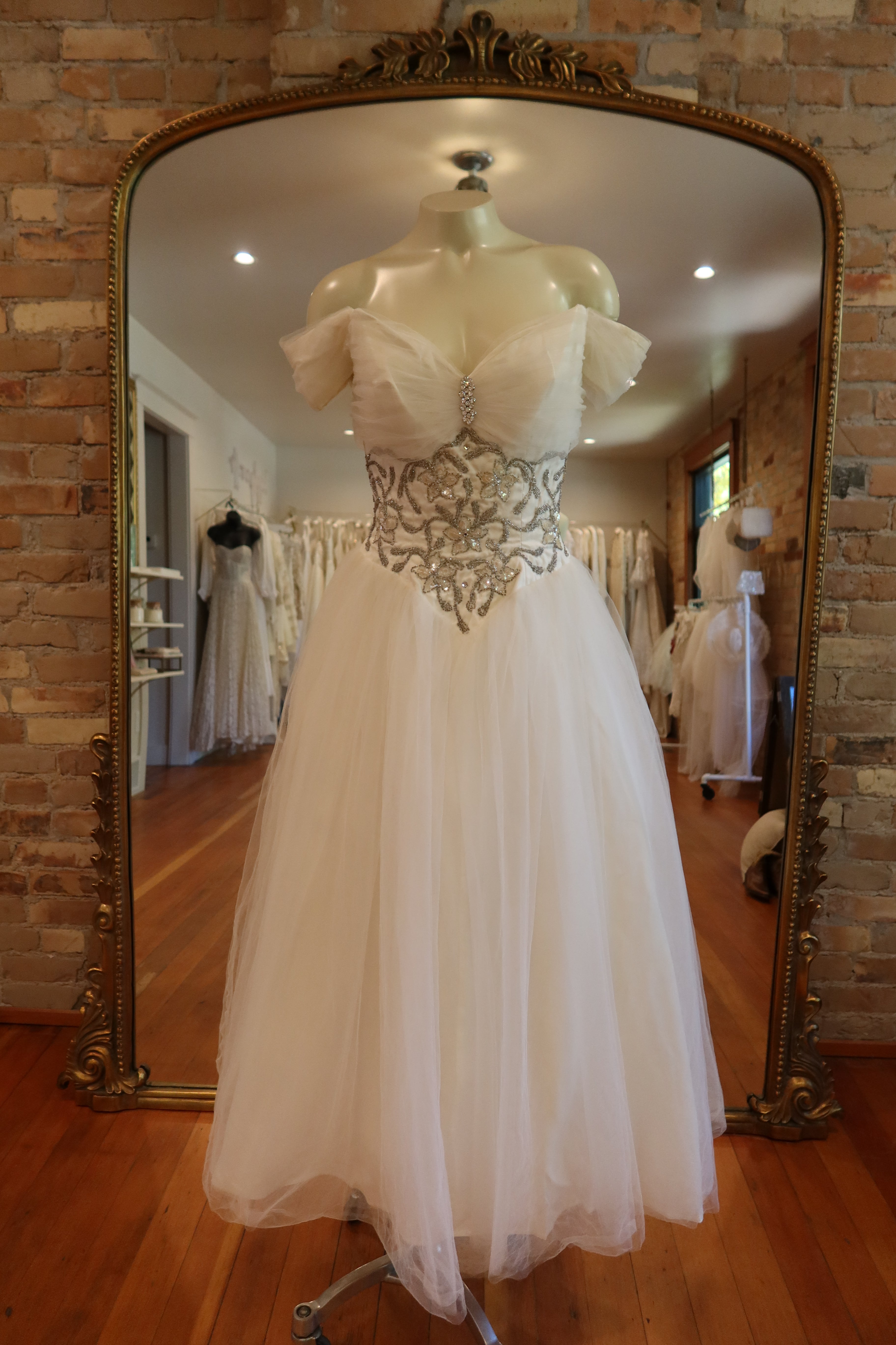 1950s Off Shoulder Beaded Tulle Dress