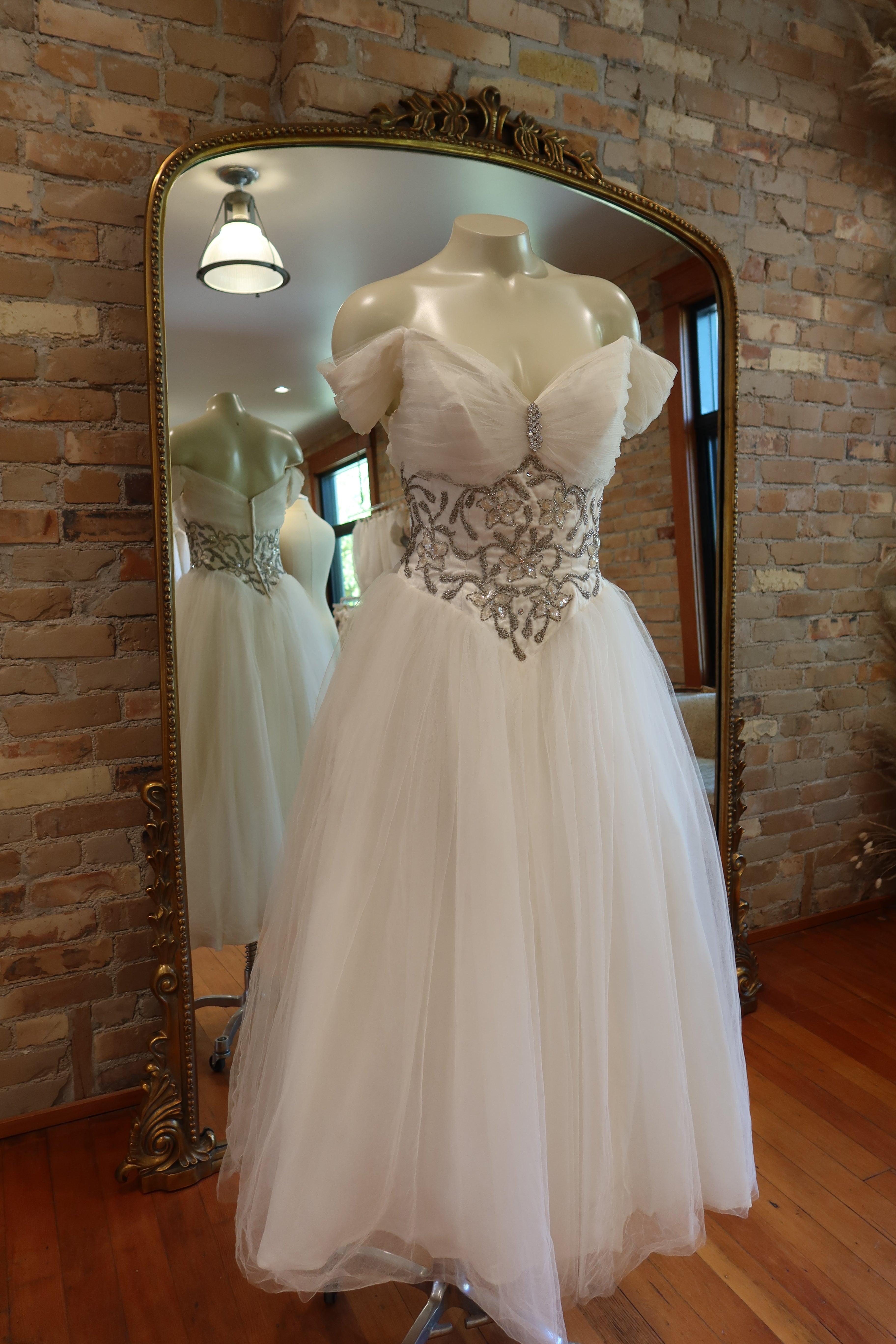 1950s Off Shoulder Beaded Tulle Dress