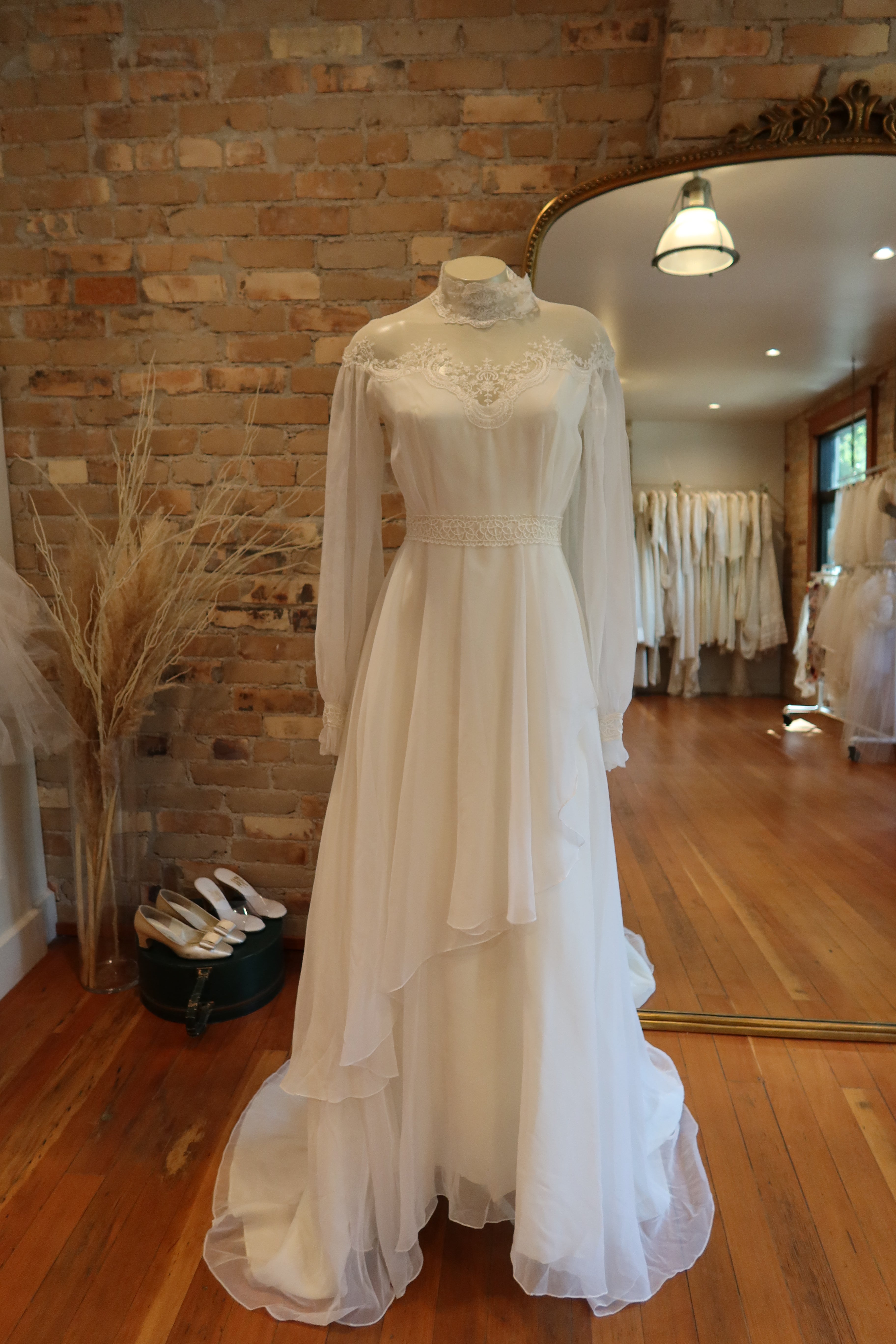 1970s Alfred Angelo Long Sleeve Chiffon Gown