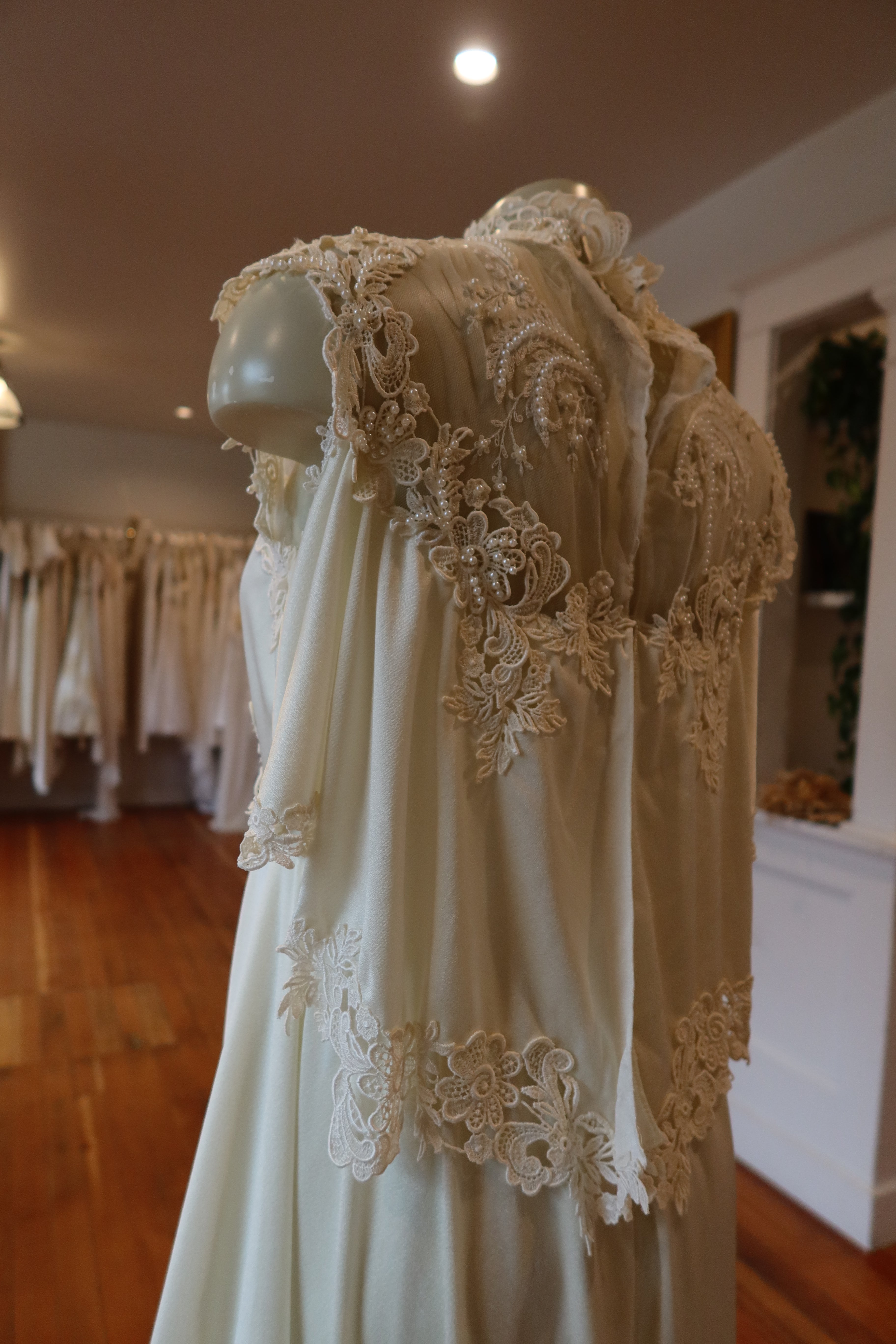 1970s Ivory Empire High Neck Gown