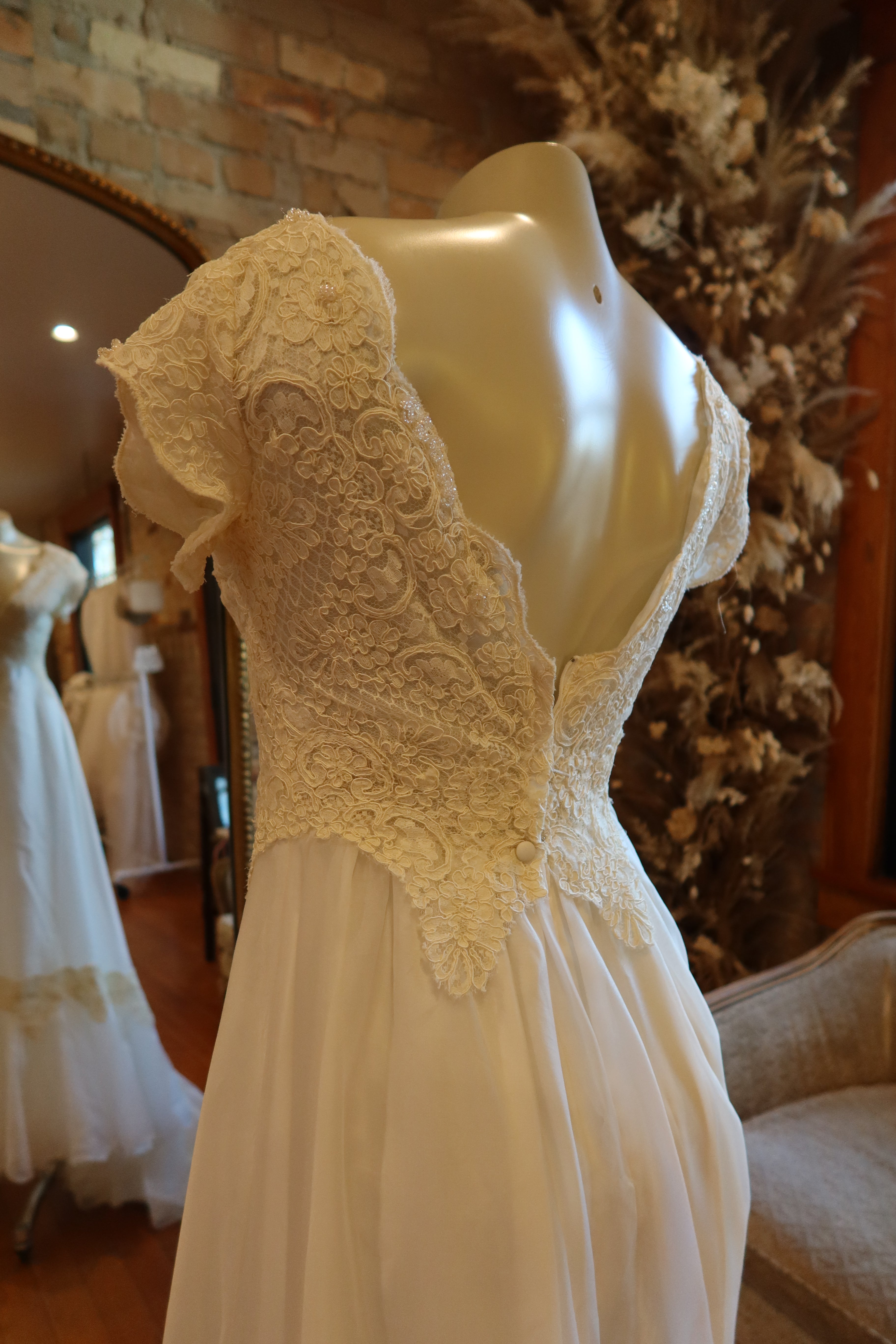 1970s Scalloped Lace Empire Gown