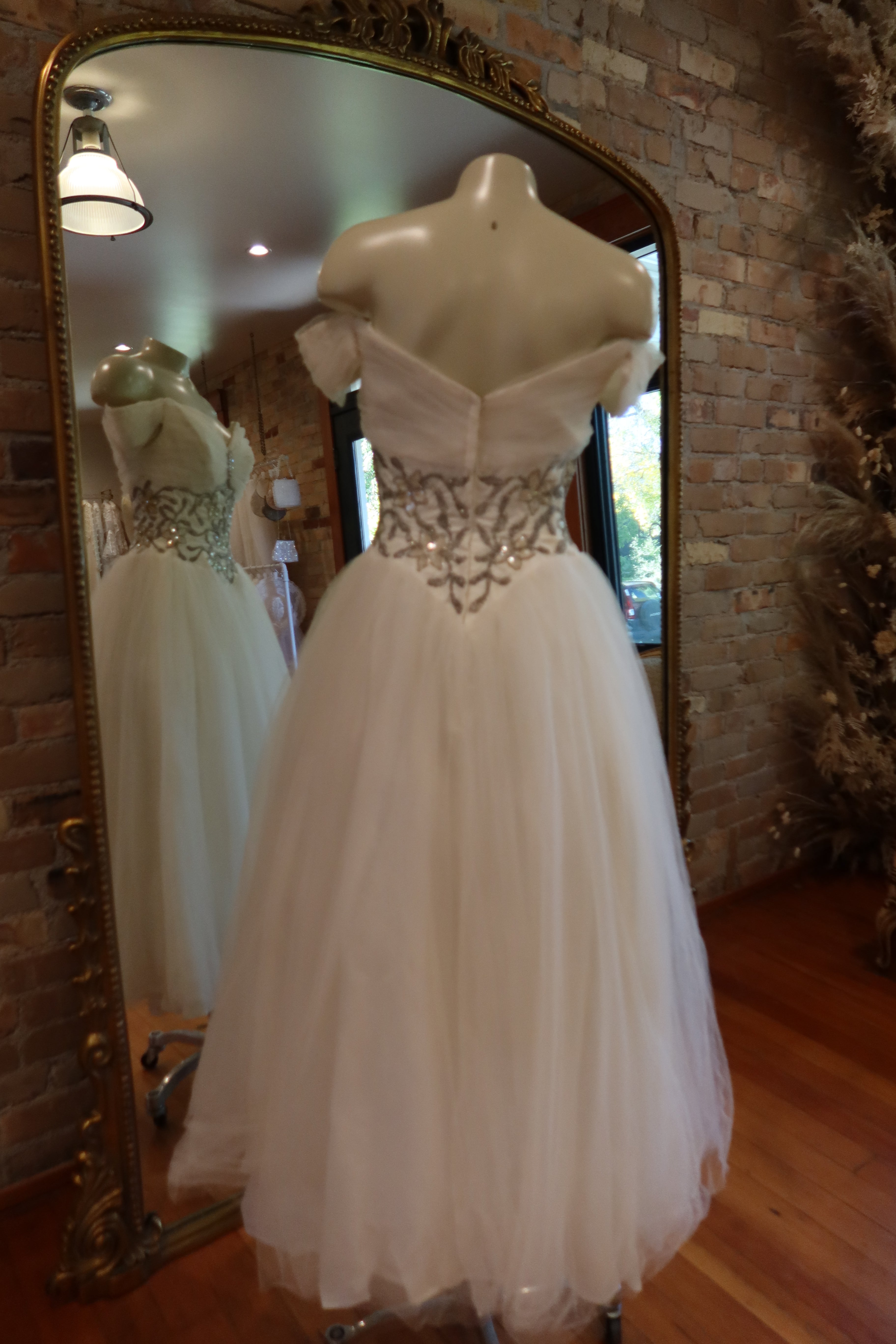 1950s Off Shoulder Beaded Tulle Dress