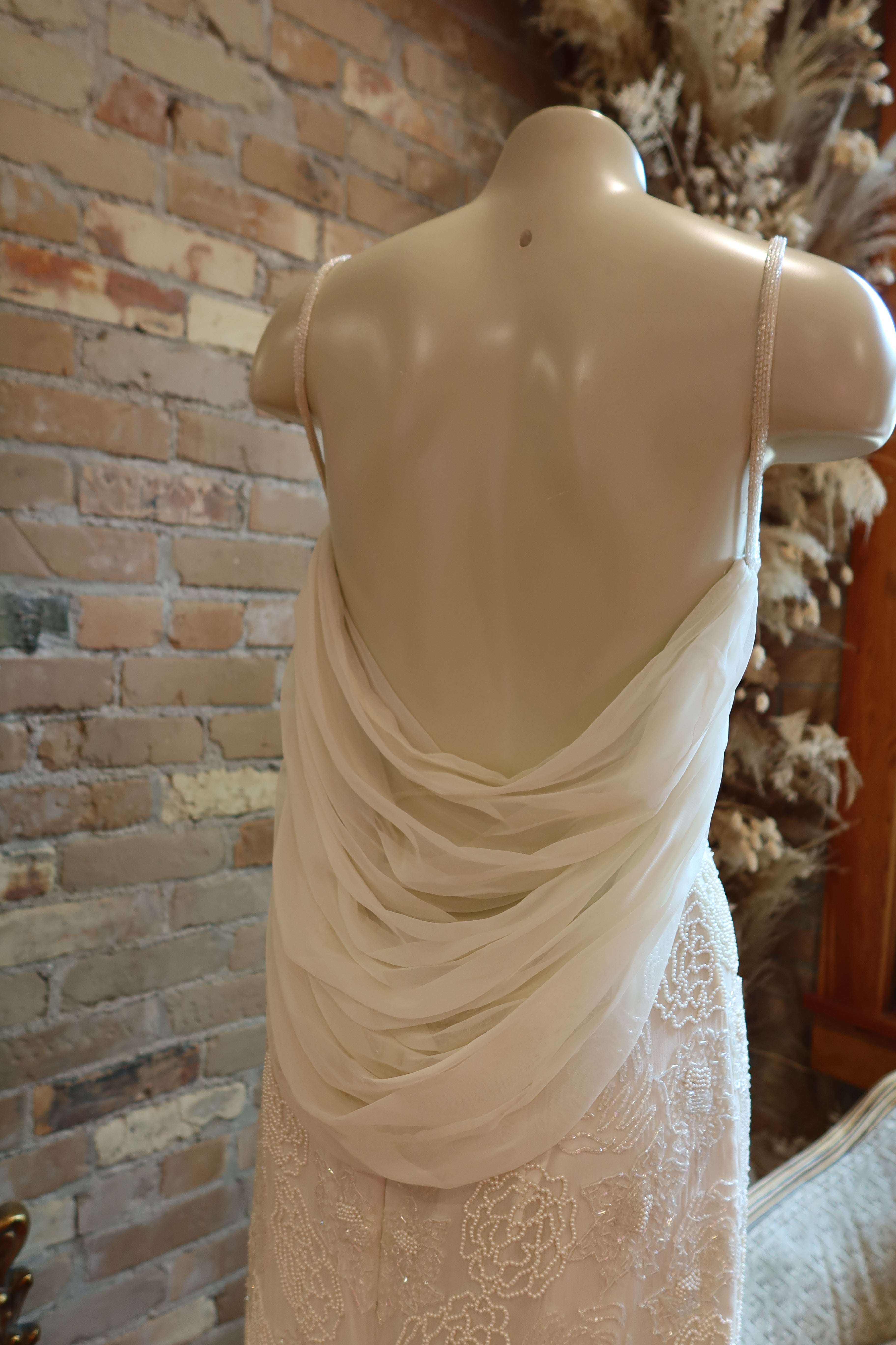 1980s Beaded Silk Trumpet Gown w/ Chiffon Draping