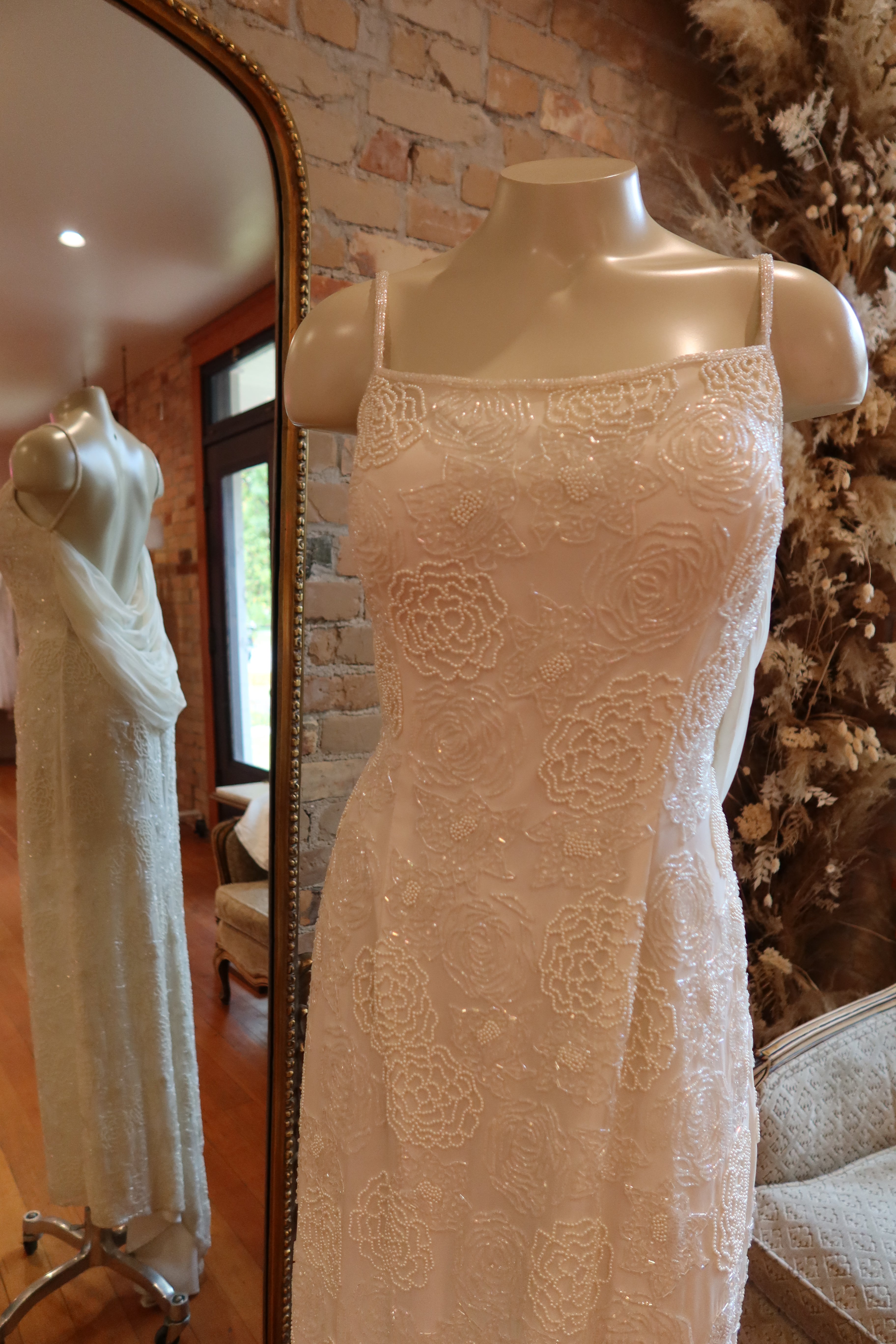 1980s Beaded Silk Trumpet Gown w/ Chiffon Draping