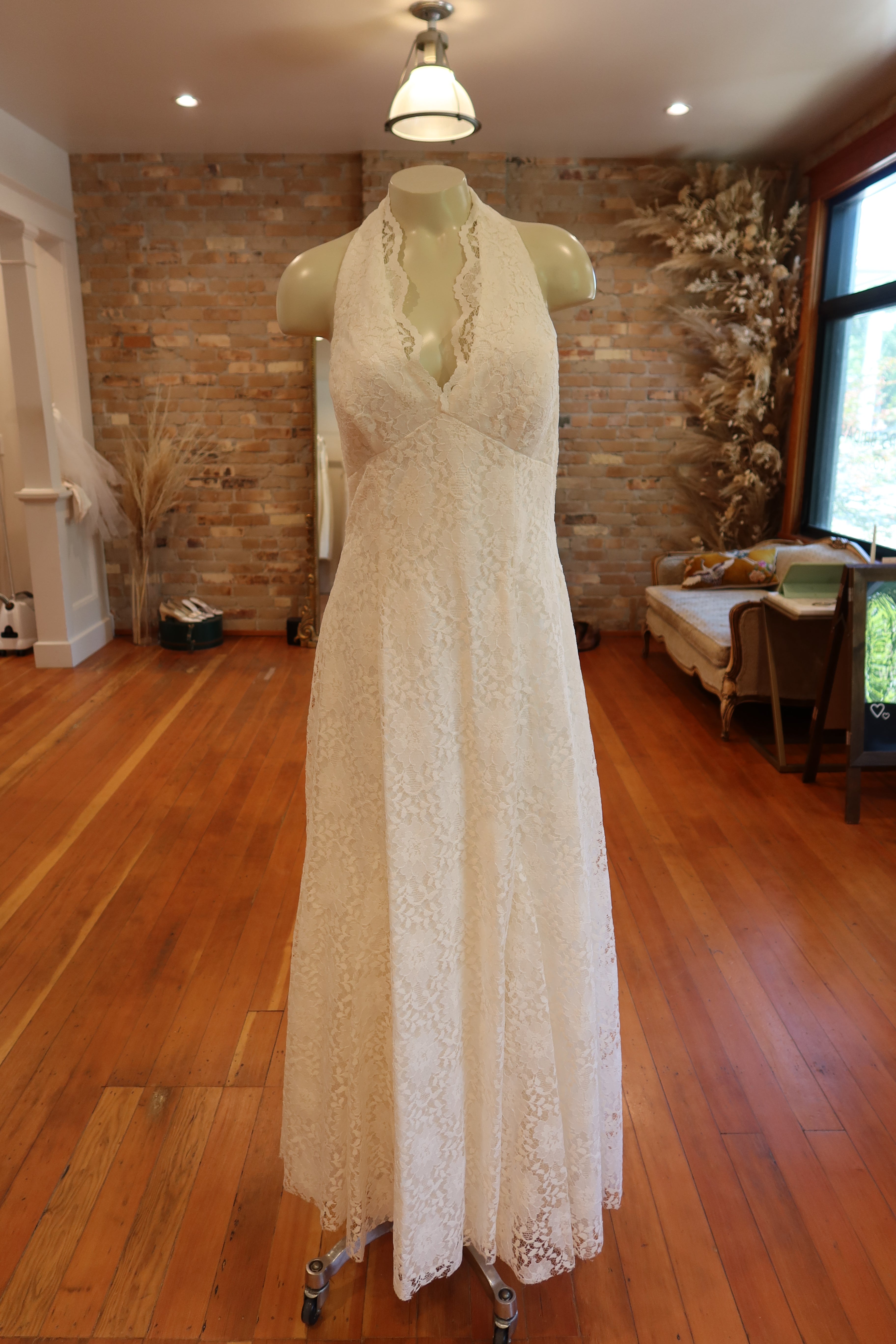 1980s White Lace Halter Gown