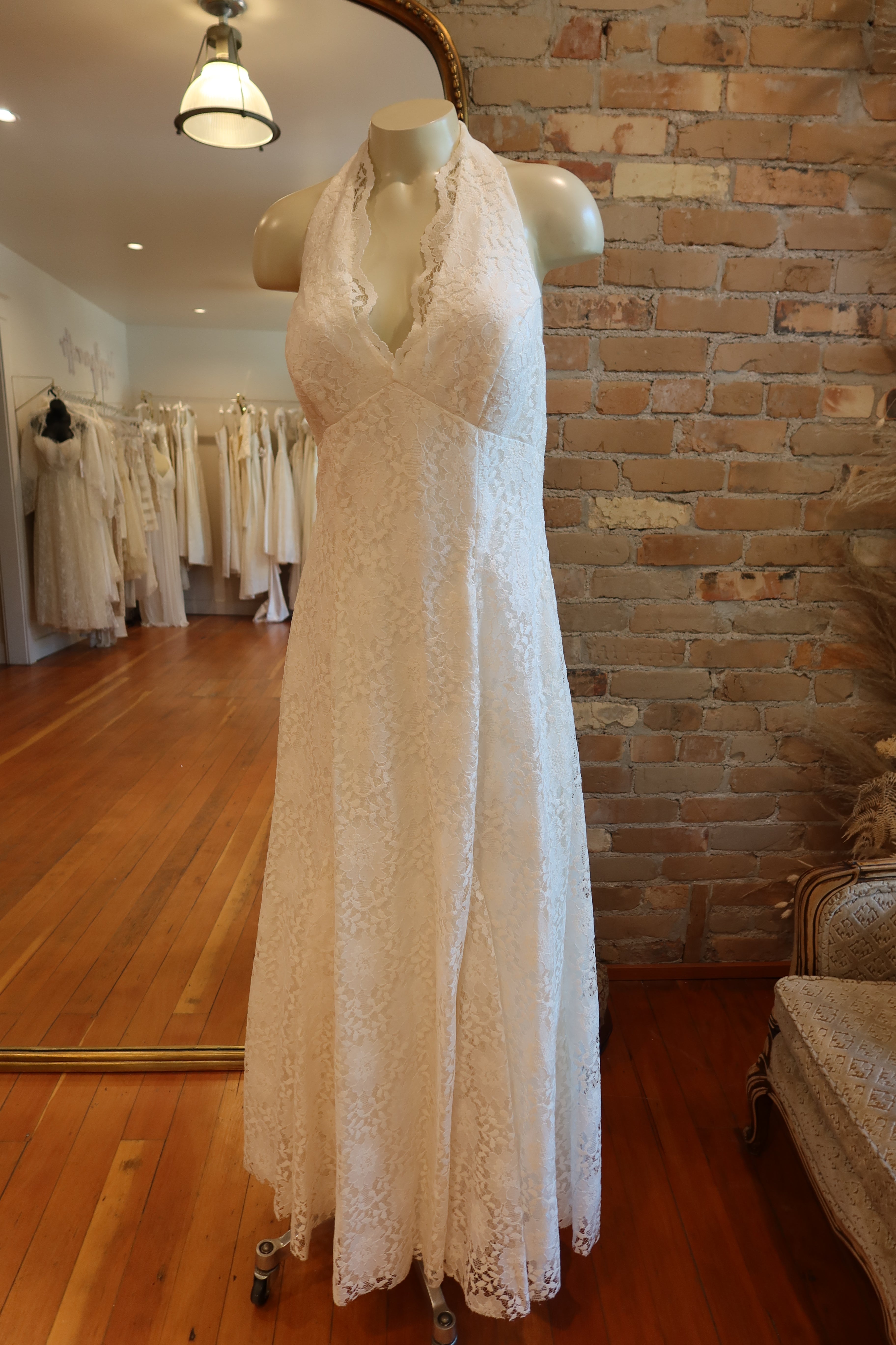 1980s White Lace Halter Gown