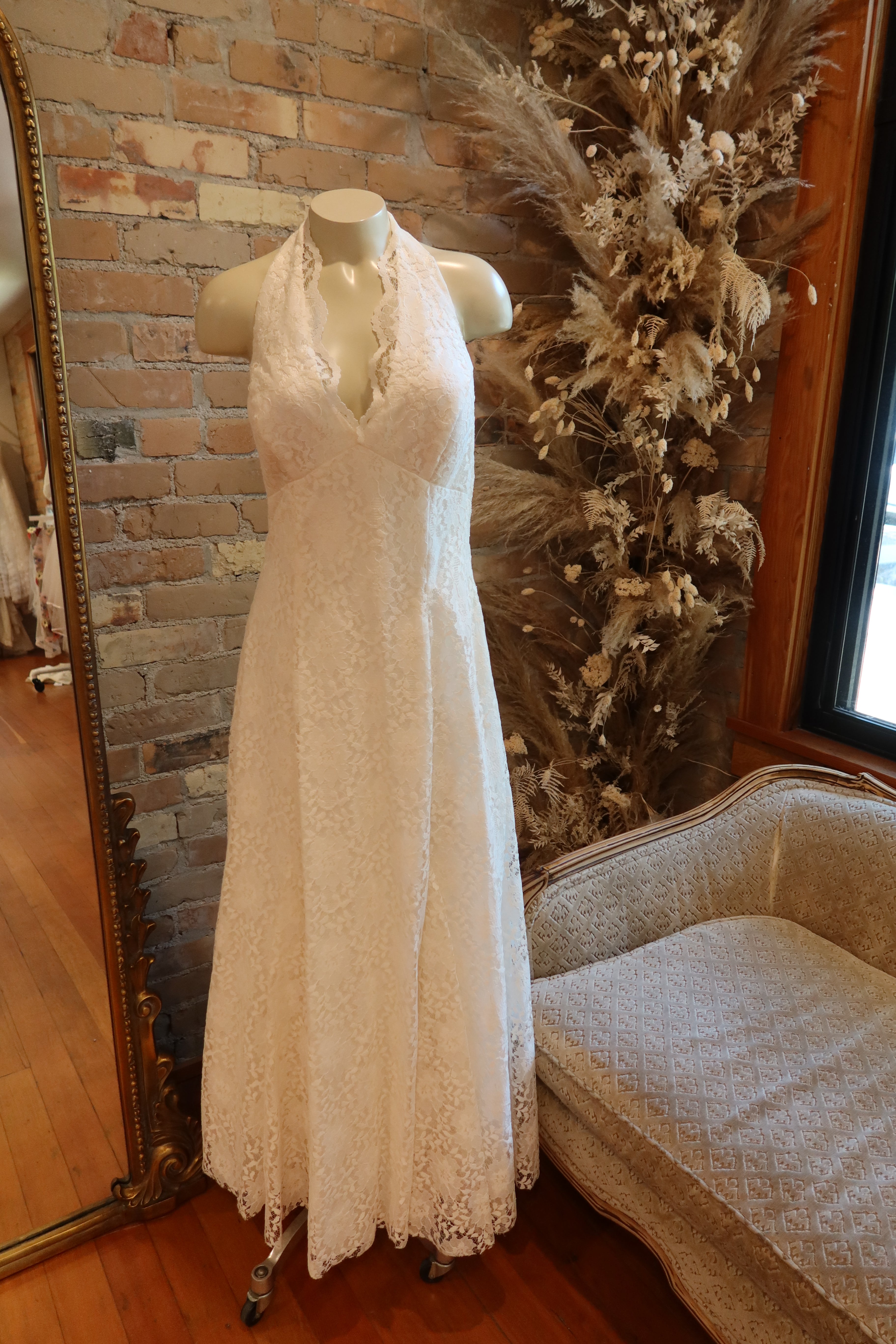 1980s White Lace Halter Gown