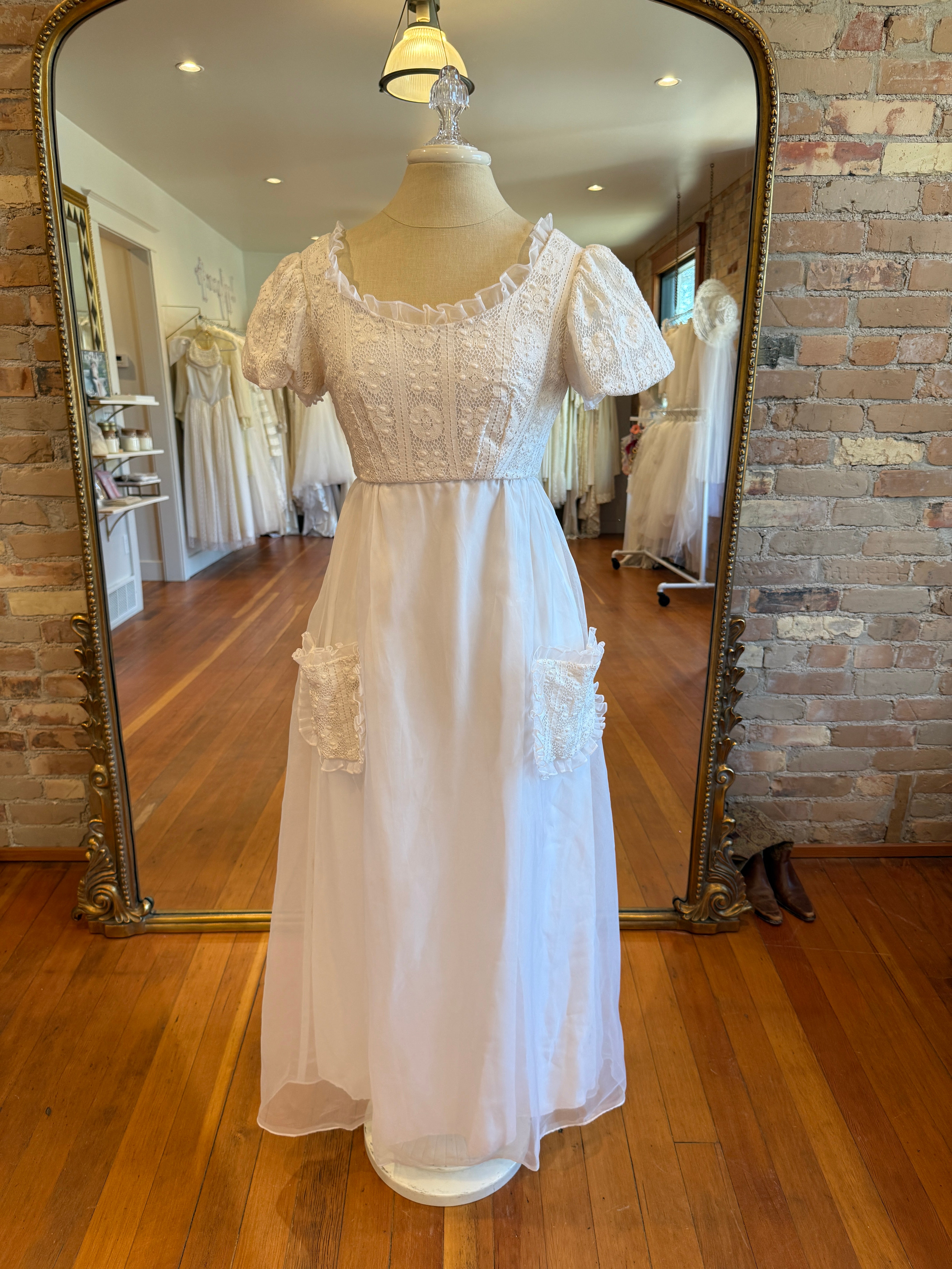 1960s Union Made Lace Ruffle Pocket Gown