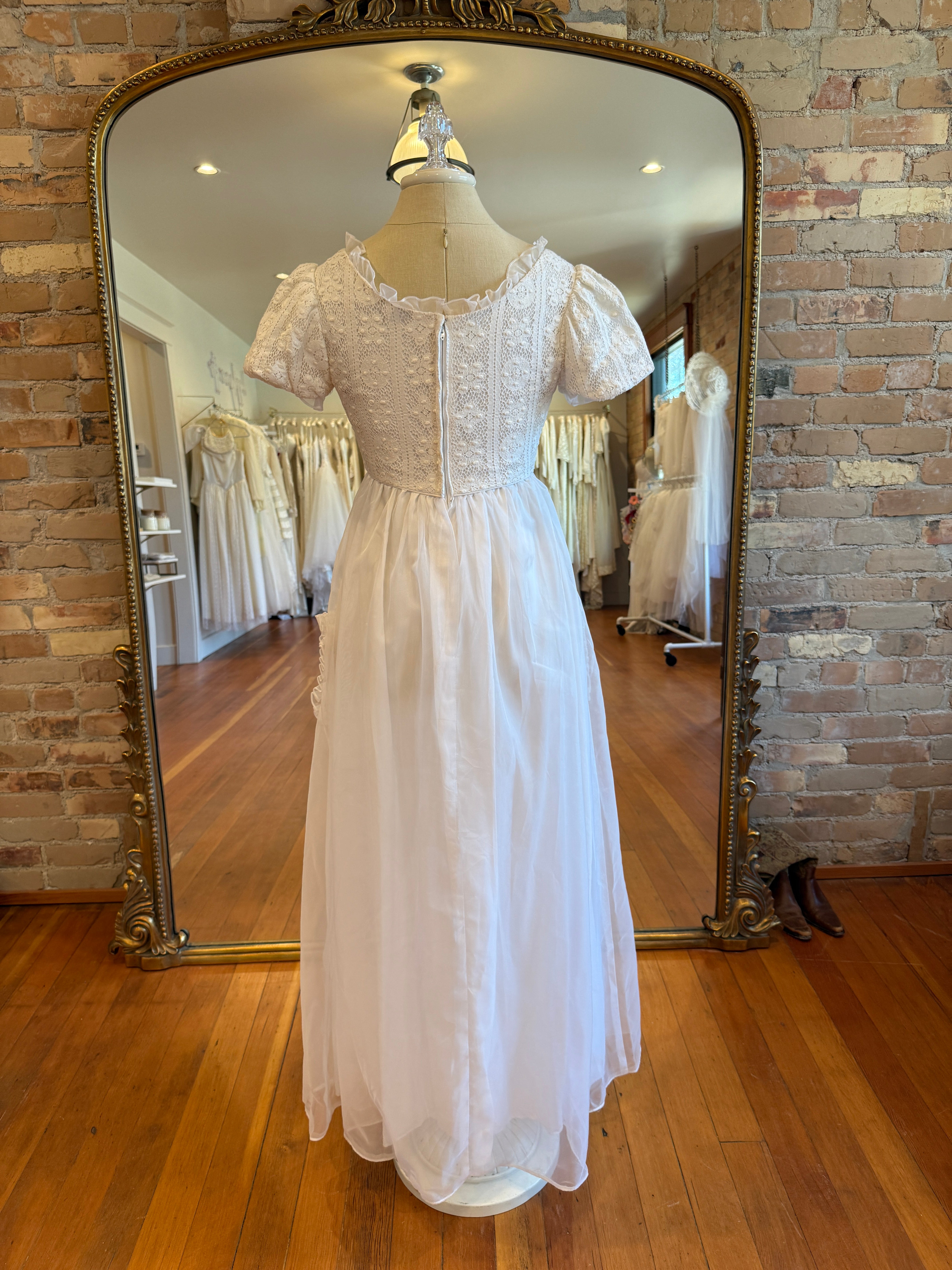 1960s Union Made Lace Ruffle Pocket Gown