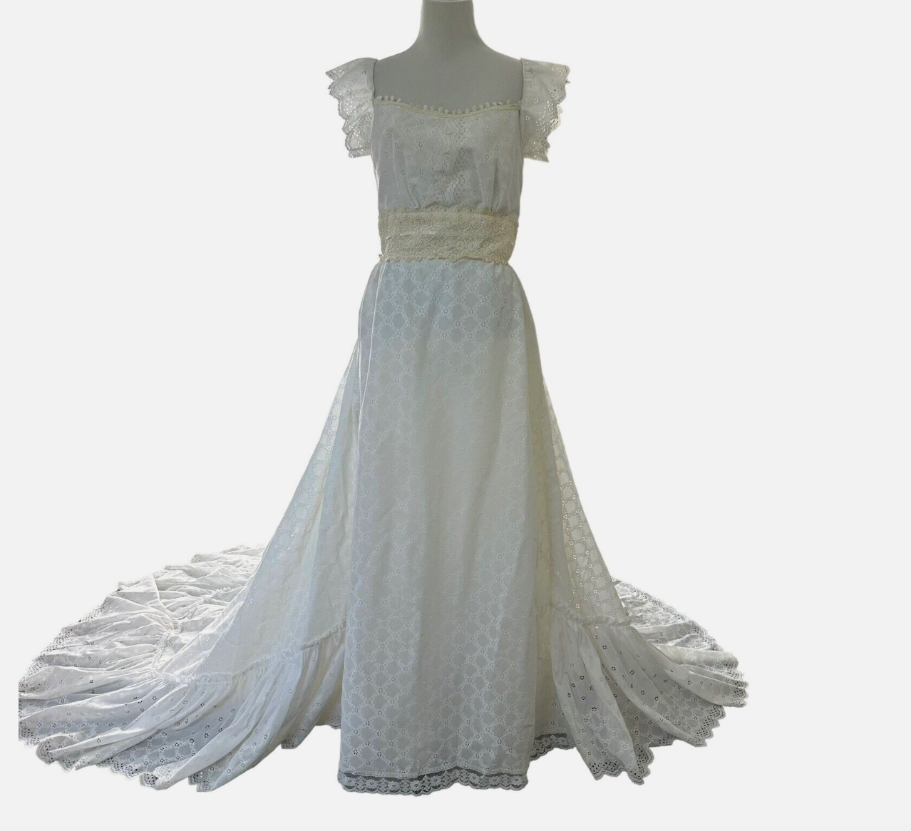 1960’s Off Shoulder Eyelet Gown w/ Ruffle Train