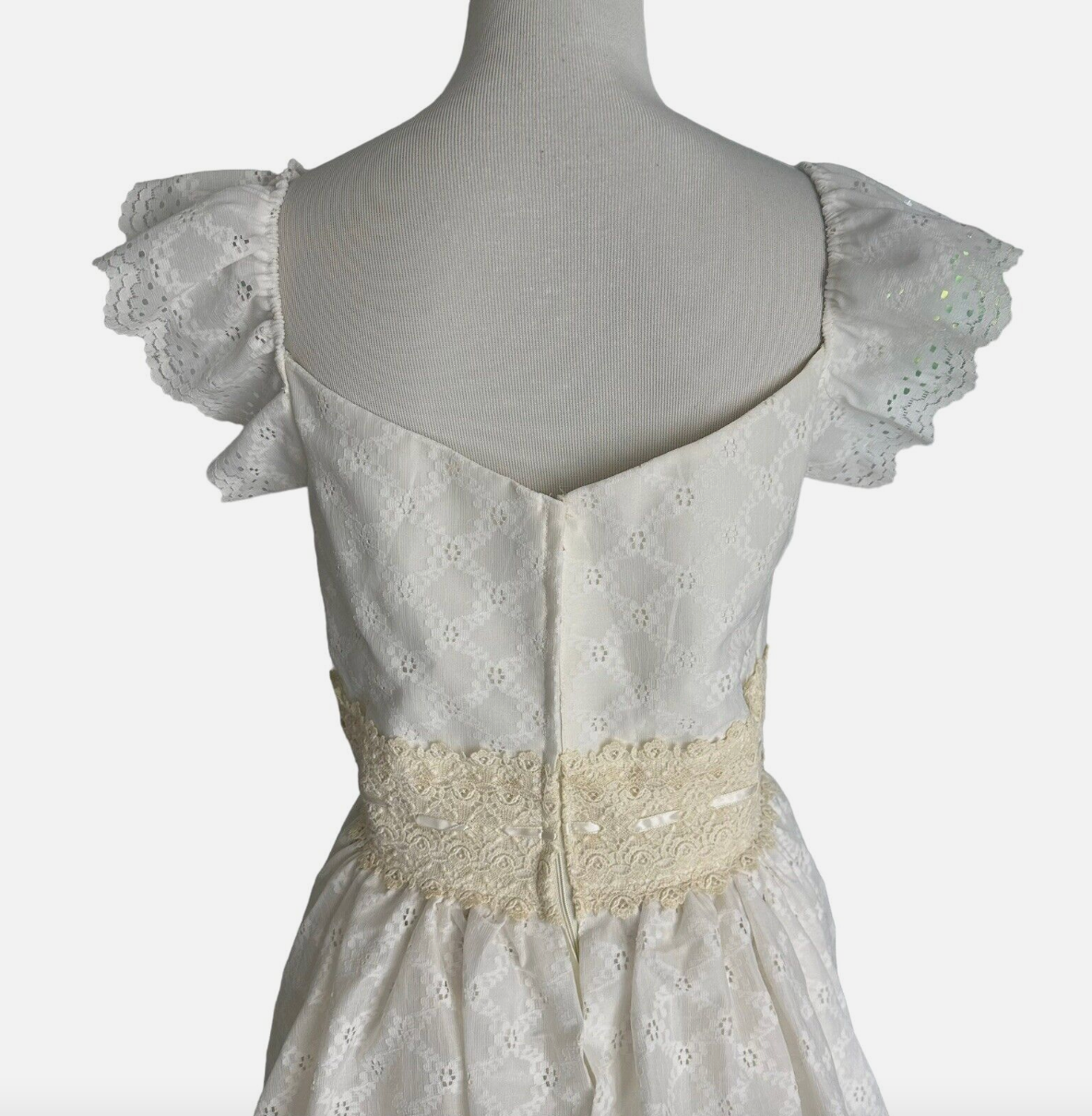1960’s Off Shoulder Eyelet Gown w/ Ruffle Train